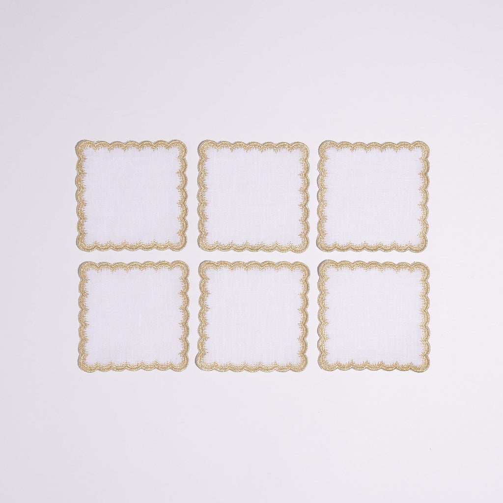 Henriette - Luxury Linens Cocktail Napkins Flamestitch White Linen with Metallic Gold Cocktail napkins (set of 6)