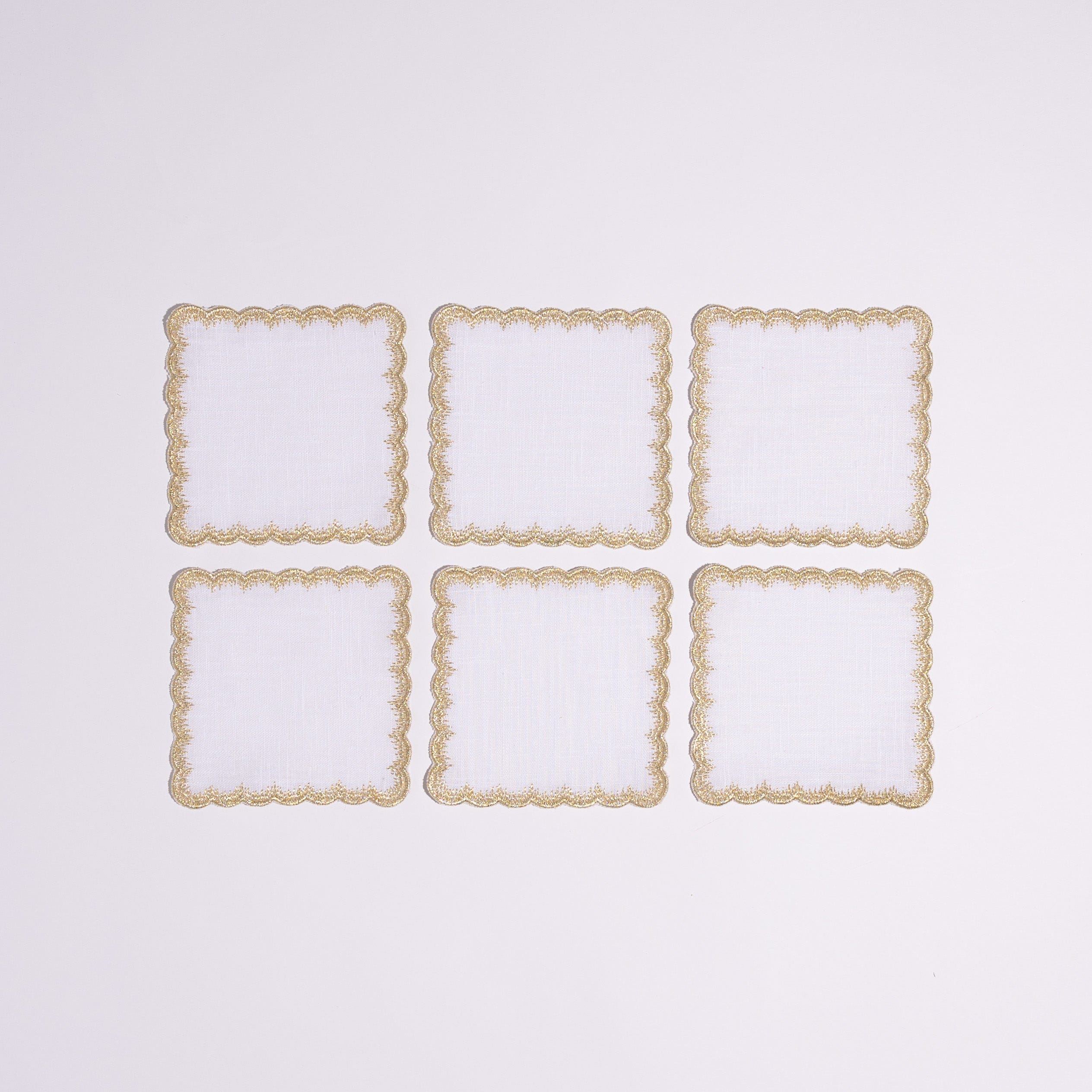 Henriette - Luxury Linens Cocktail Napkins Flamestitch White Linen with Metallic Gold Cocktail napkins (set of 6)