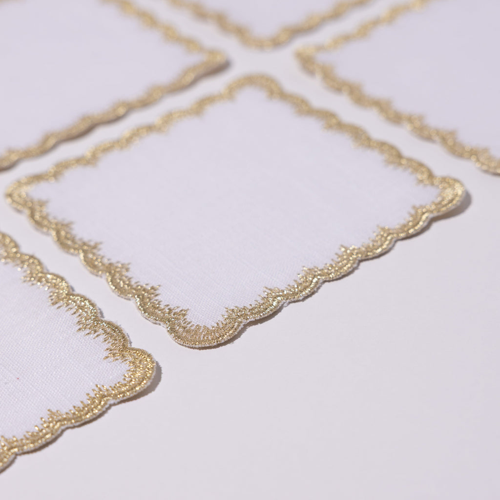 Henriette - Luxury Linens Cocktail Napkins Flamestitch White with Metallic Gold Cocktail Napkins (set of 6)