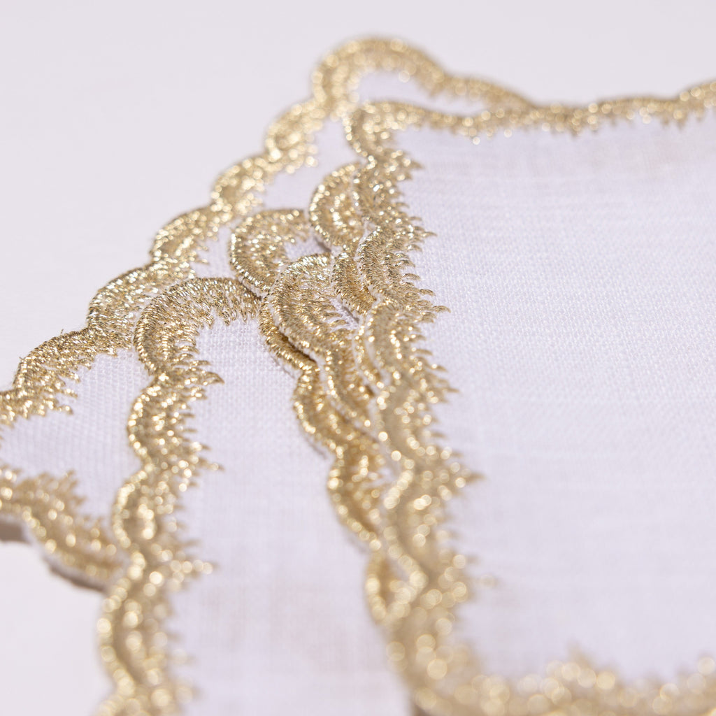 Henriette - Luxury Linens Cocktail Napkins Flamestitch White with Metallic Gold Cocktail Napkins (set of 6)