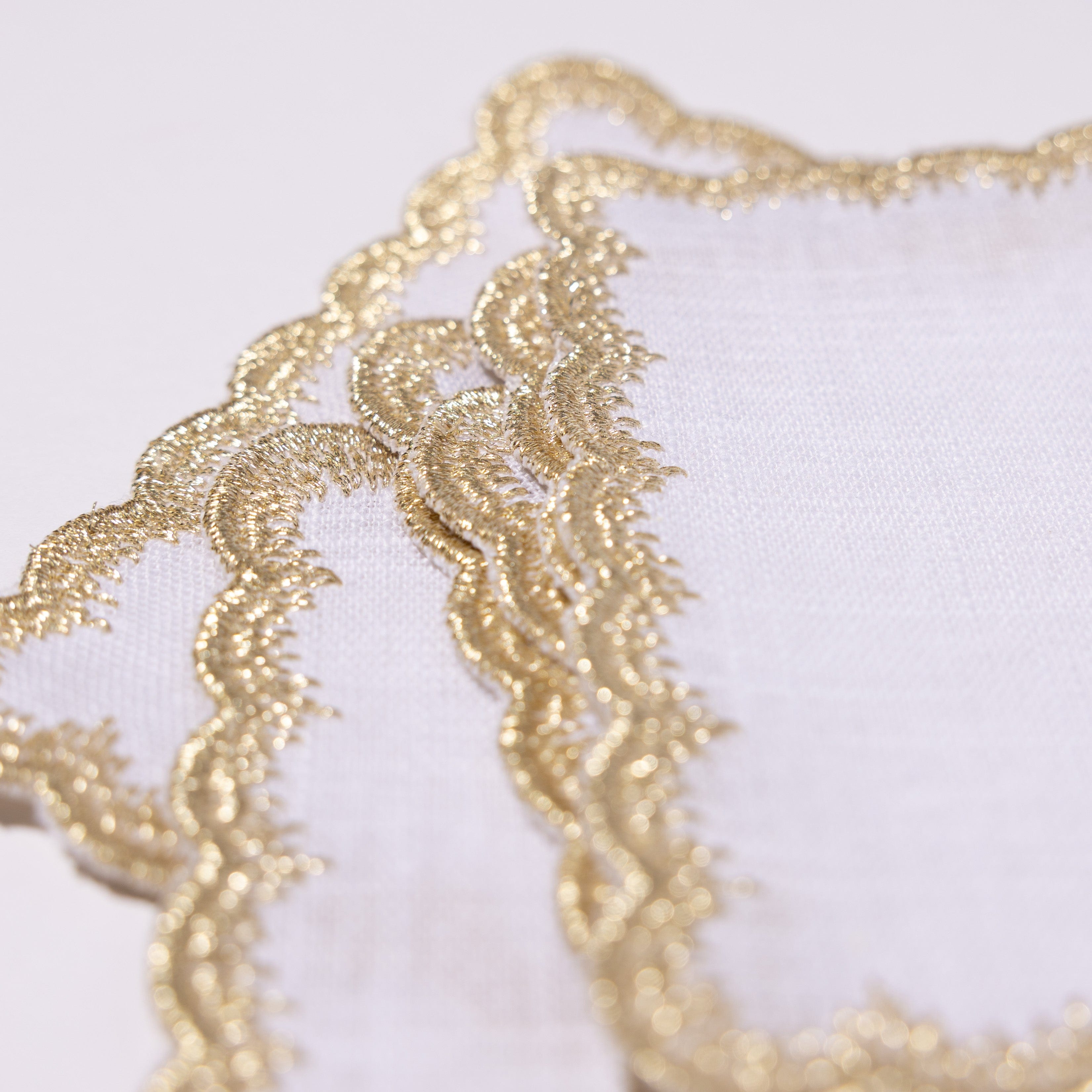 Henriette - Luxury Linens Cocktail Napkins Flamestitch White with Metallic Gold Cocktail Napkins (set of 6)