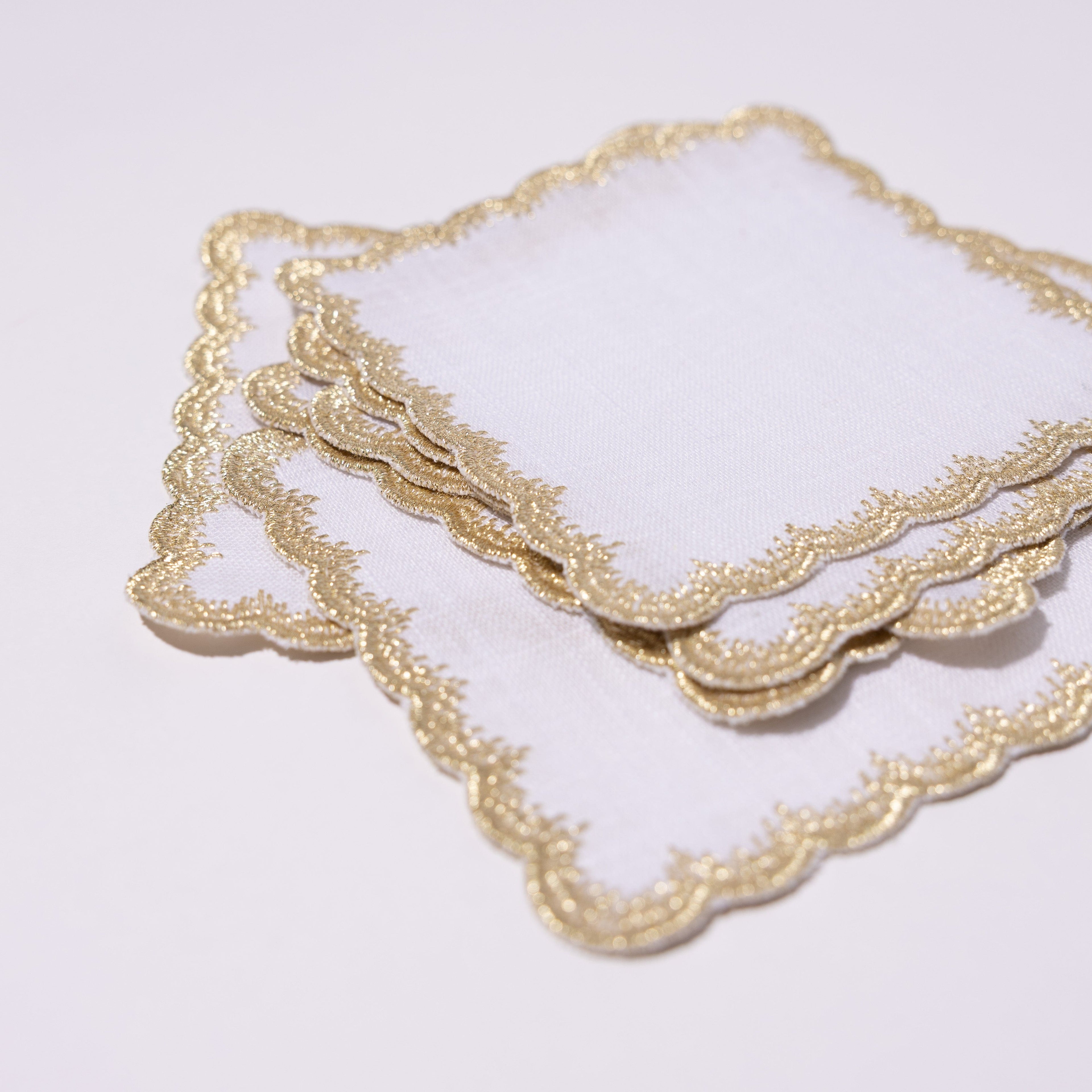 Henriette - Luxury Linens Cocktail Napkins Flamestitch White with Metallic Gold Cocktail Napkins (set of 6)