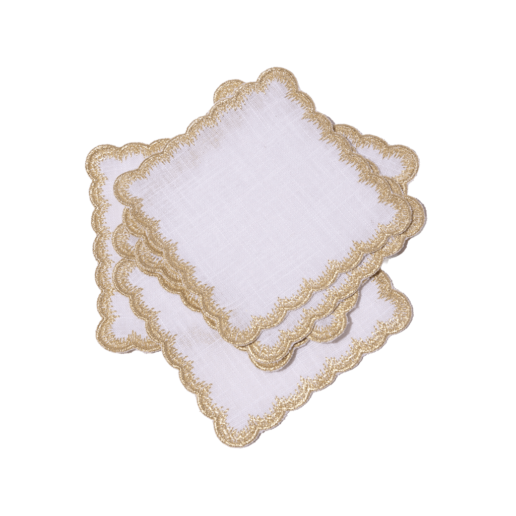 Henriette - Luxury Linens Cocktail Napkins Flamestitch White with Metallic Gold Cocktail Napkins (set of 6)