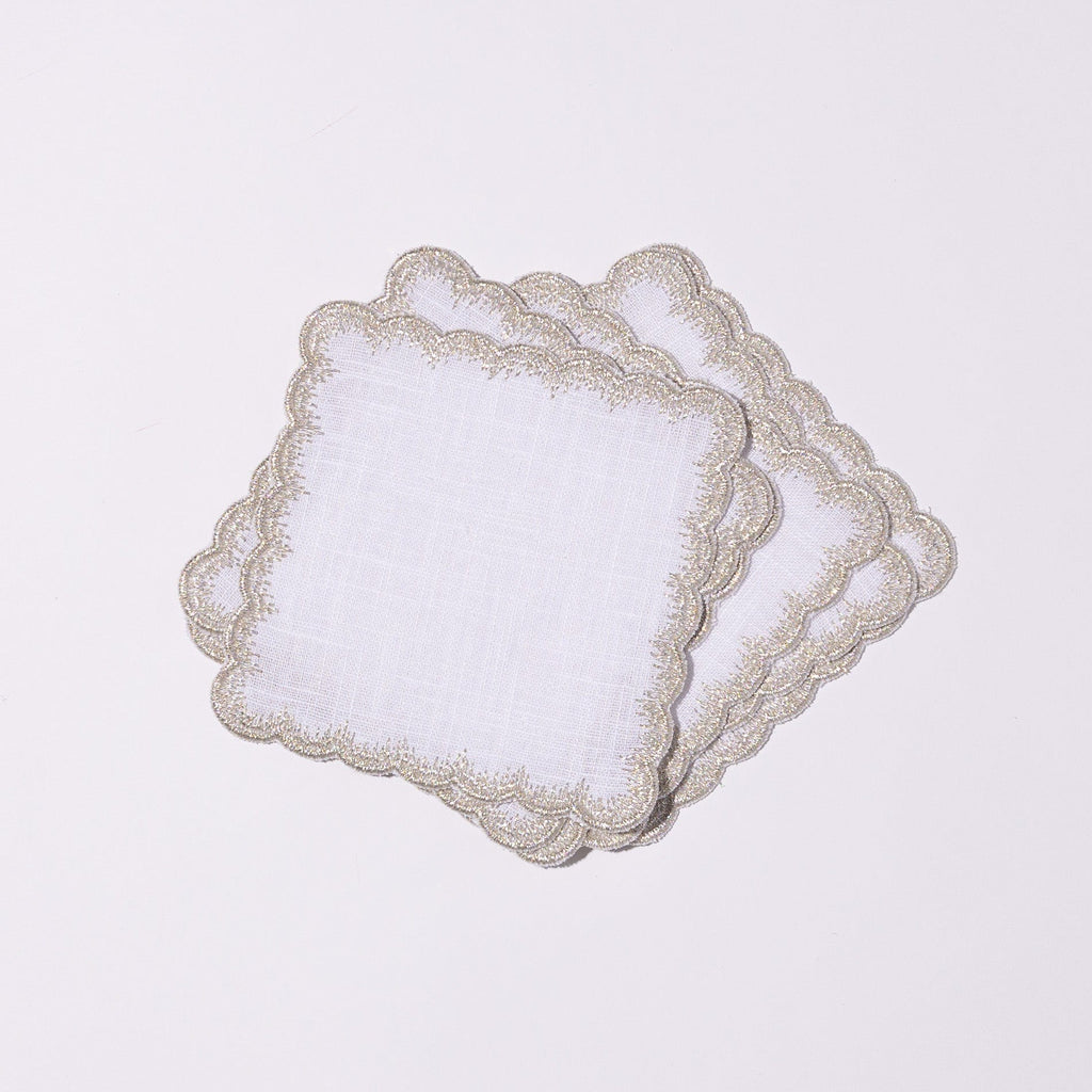Henriette - Luxury Linens Cocktail Napkins Flamestitch White with Metallic Silver Cocktail Napkins (set of 6)