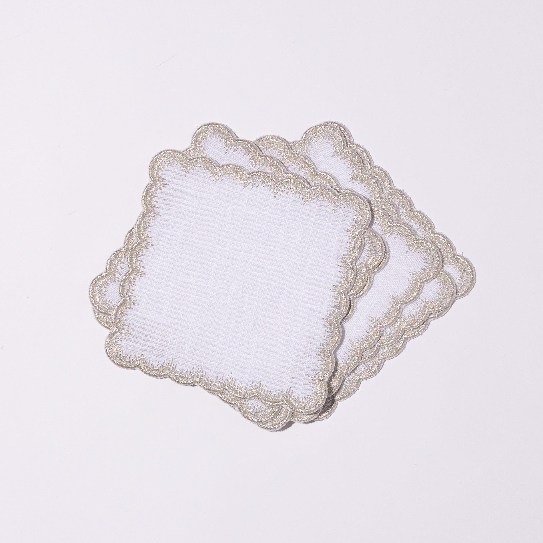 Henriette - Luxury Linens Cocktail Napkins Flamestitch White with Metallic Silver Cocktail Napkins (set of 6)