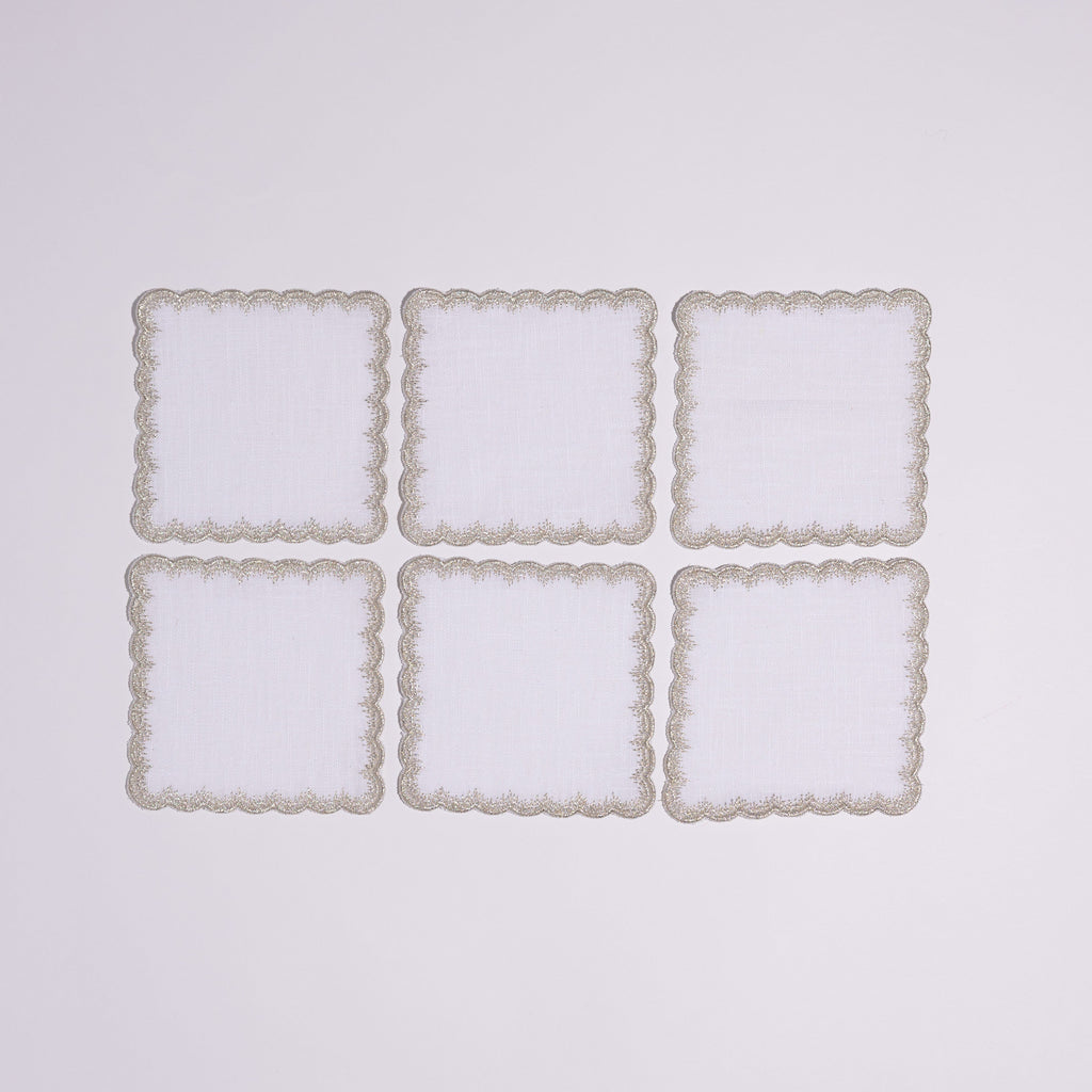 Henriette - Luxury Linens Cocktail Napkins Flamestitch White with Metallic Silver Cocktail Napkins (set of 6)