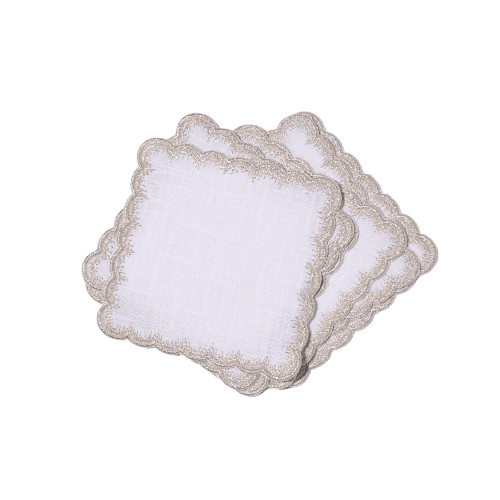 Henriette - Luxury Linens Cocktail Napkins Flamestitch White with Metallic Silver Cocktail Napkins (set of 6)