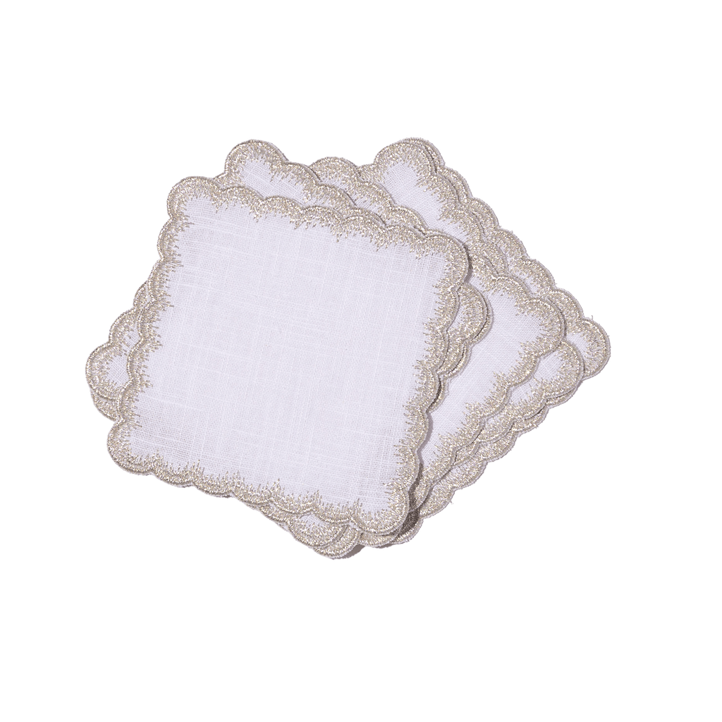 Henriette - Luxury Linens Cocktail Napkins Flamestitch White with Metallic Silver Cocktail Napkins (set of 6)
