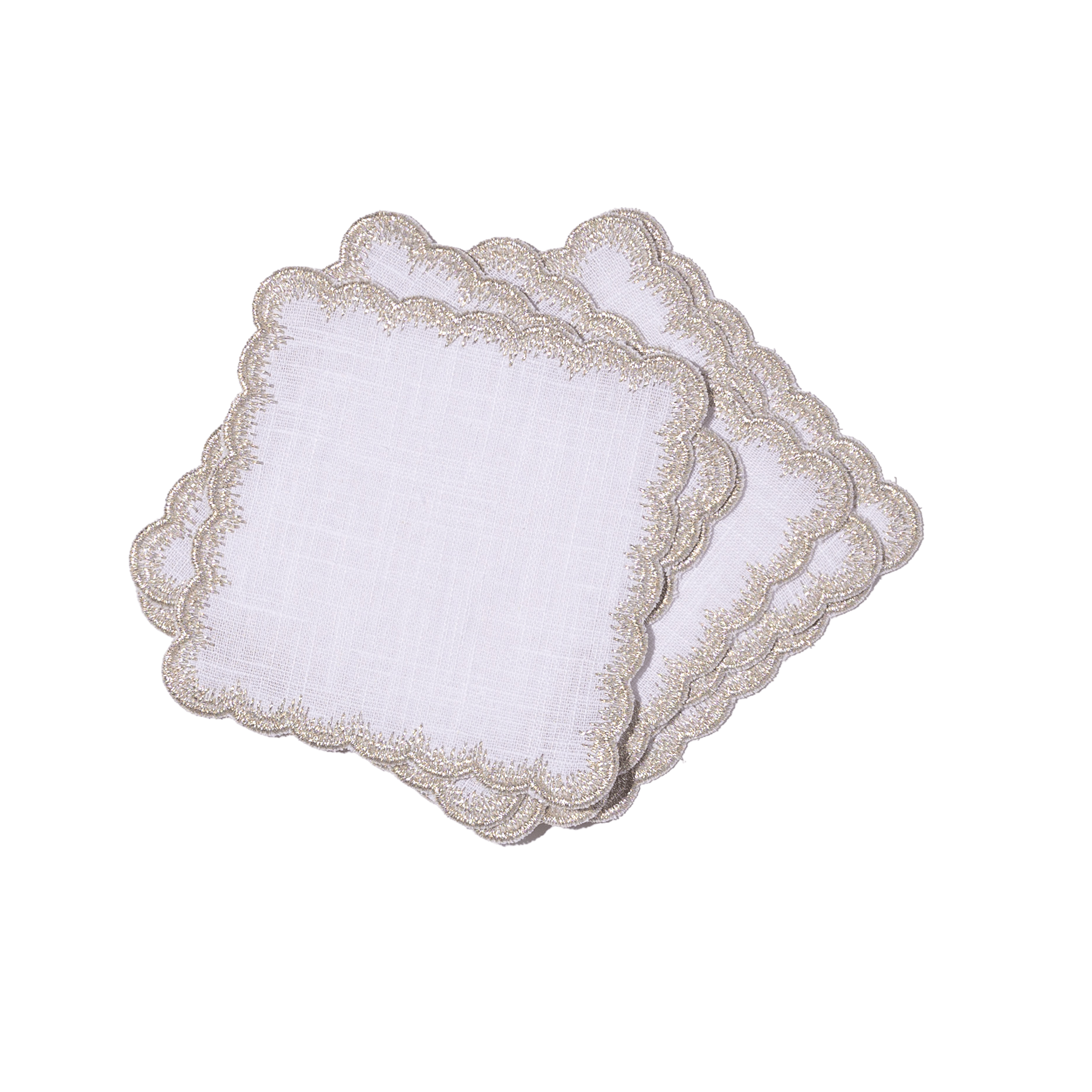 Henriette - Luxury Linens Cocktail Napkins Flamestitch White with Metallic Silver Cocktail Napkins (set of 6)