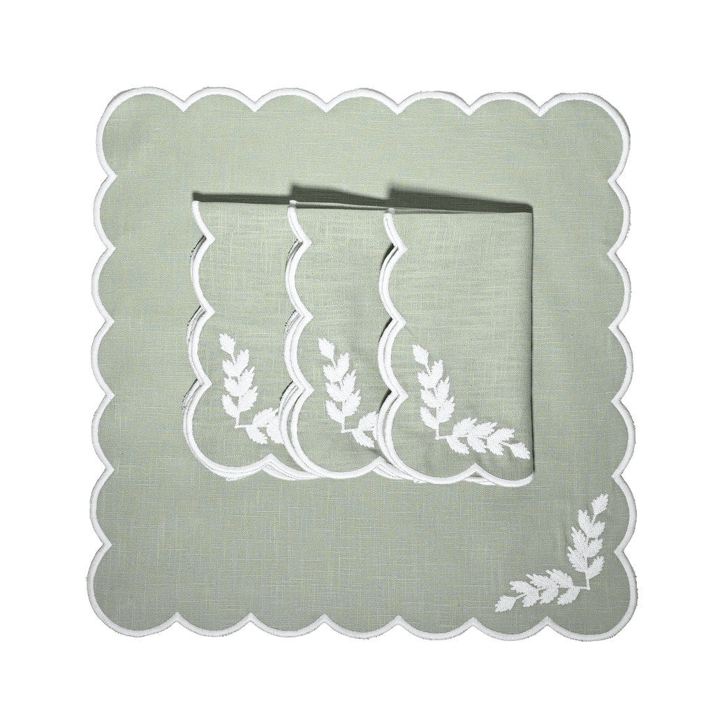 Henriette - Luxury Linens Floral Round Dusty Green with White Napkins (set of 4)