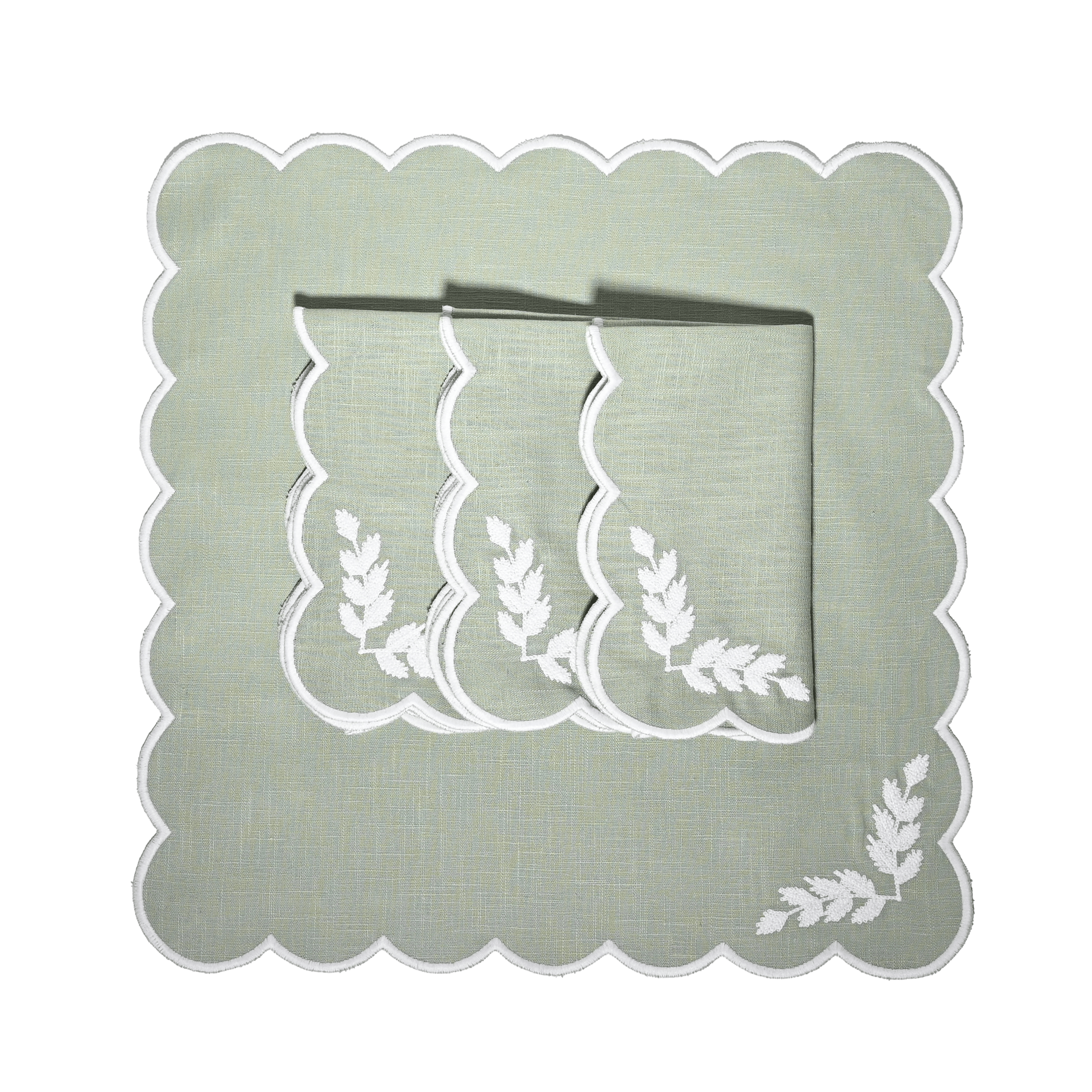 Henriette - Luxury Linens Floral Round Dusty Green with White Napkins (set of 4)