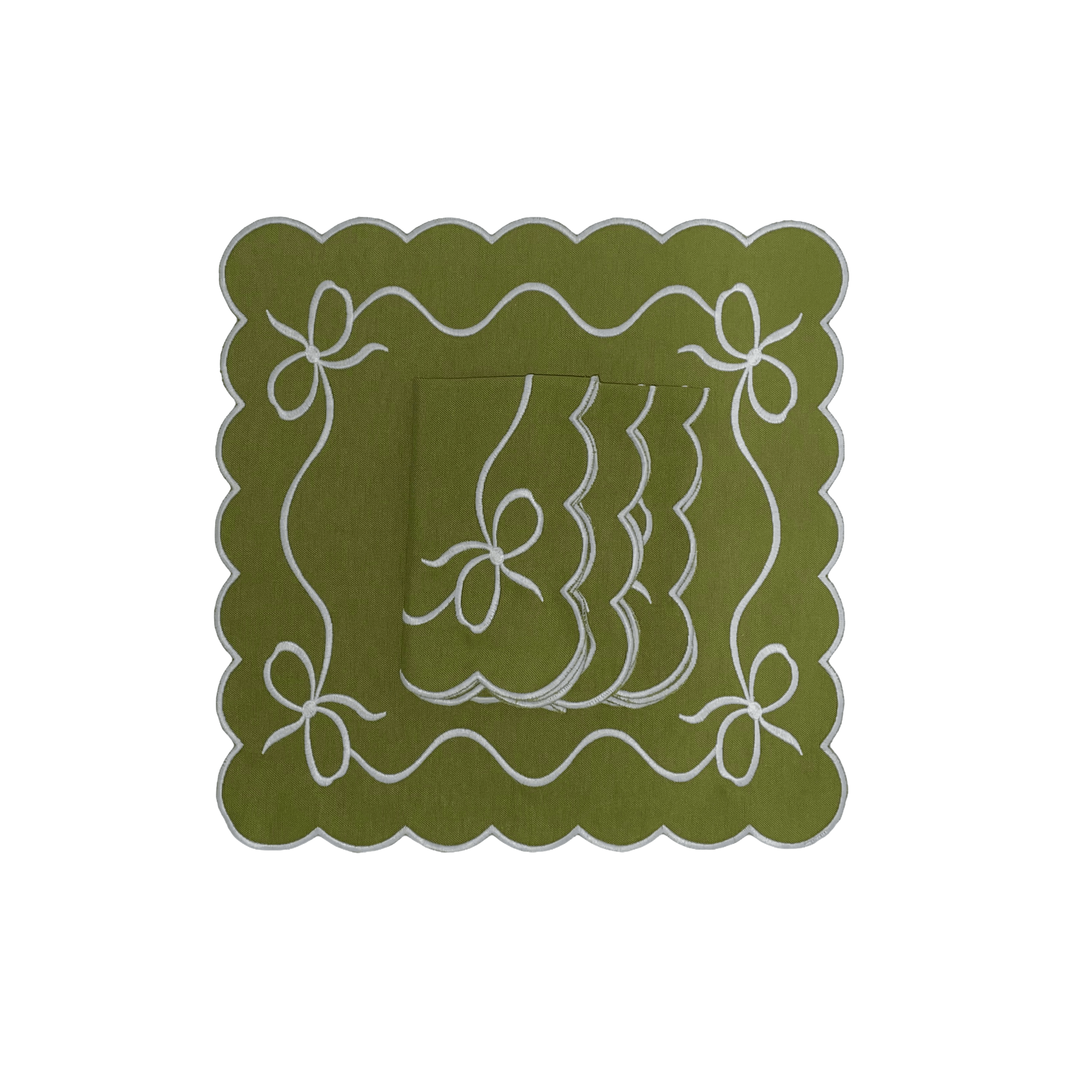 Henriette - Luxury Linens Napkins Bow Classic Green with White Napkins (set of 4)