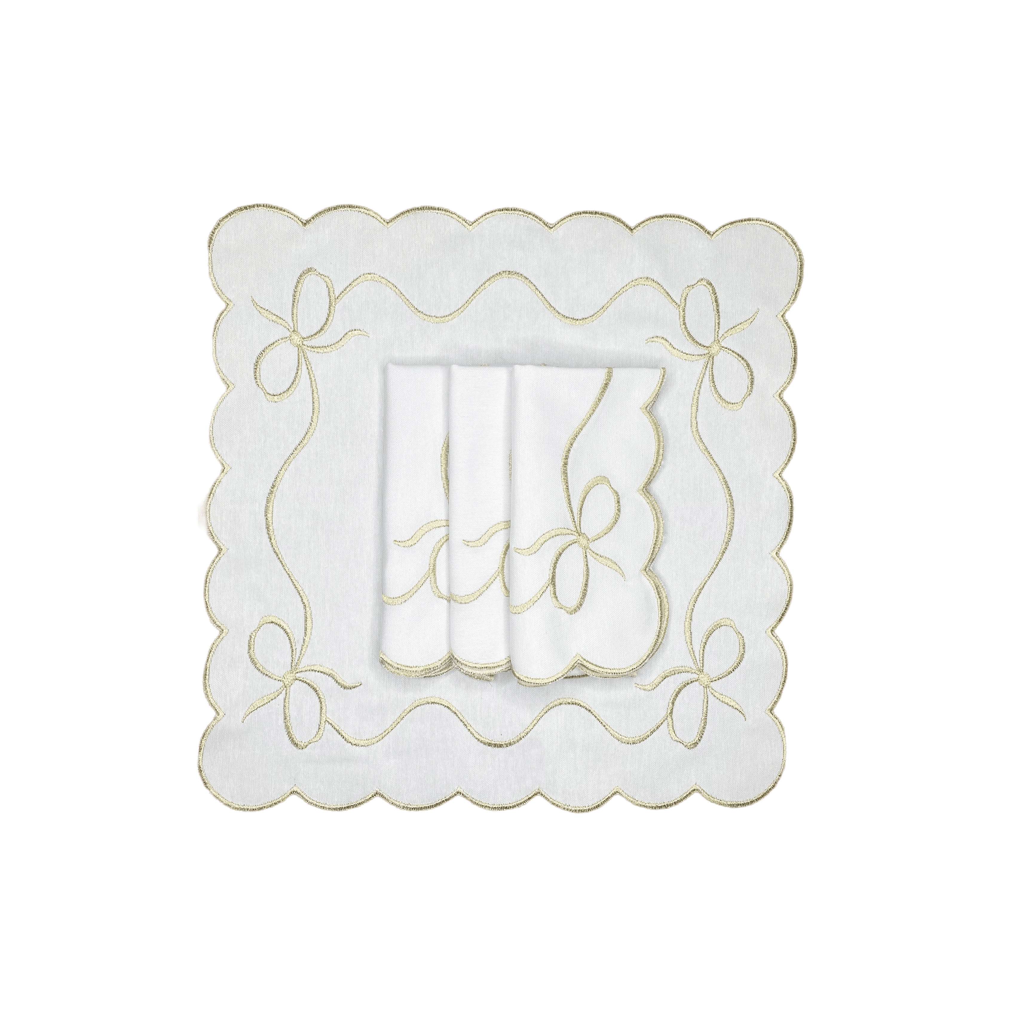 Henriette - Luxury Linens Napkins Bow Classic White with Metallic Gold Napkins (set of 4)