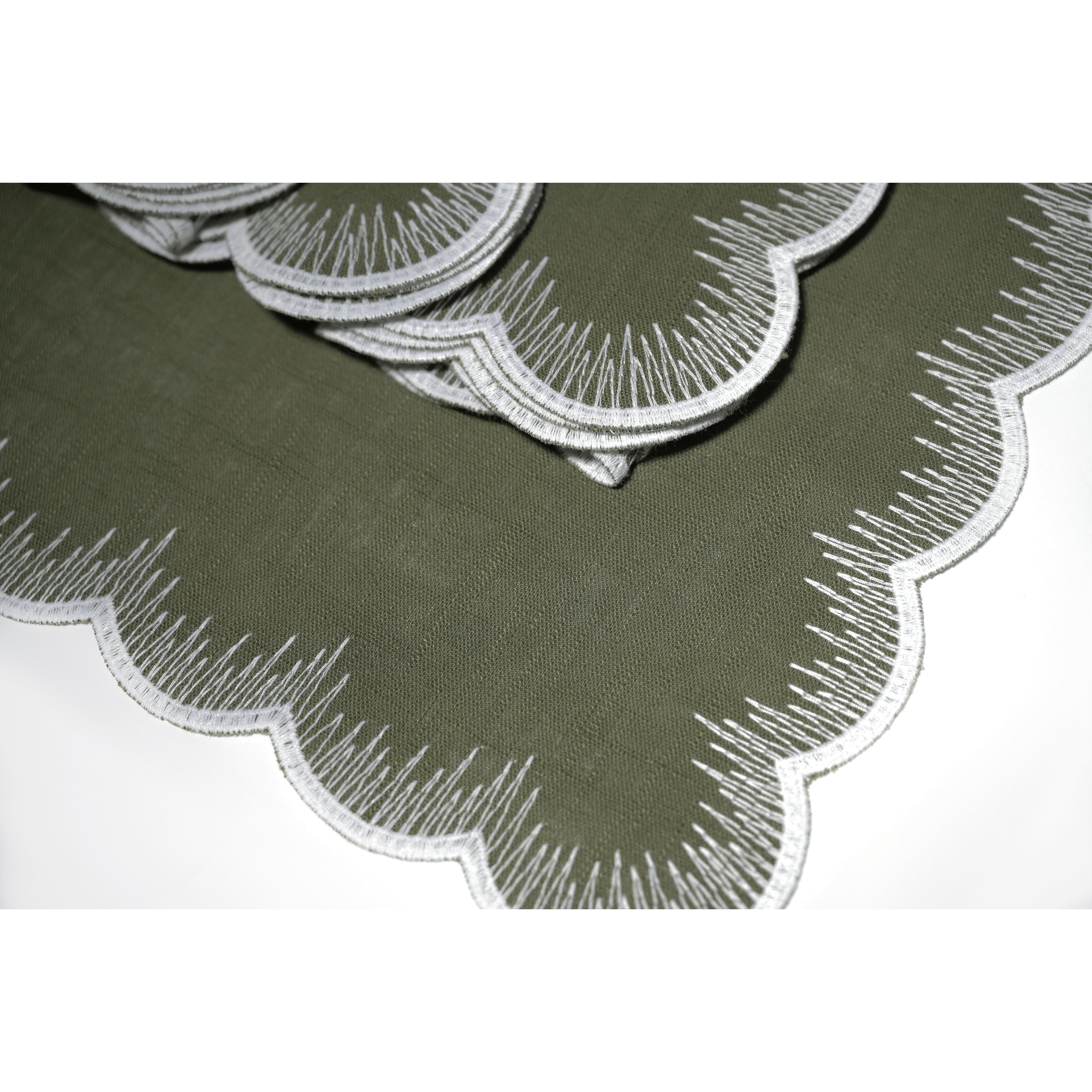 Henriette - Luxury Linens Napkins Flamestitch Army Green with White Napkins (set of 4)