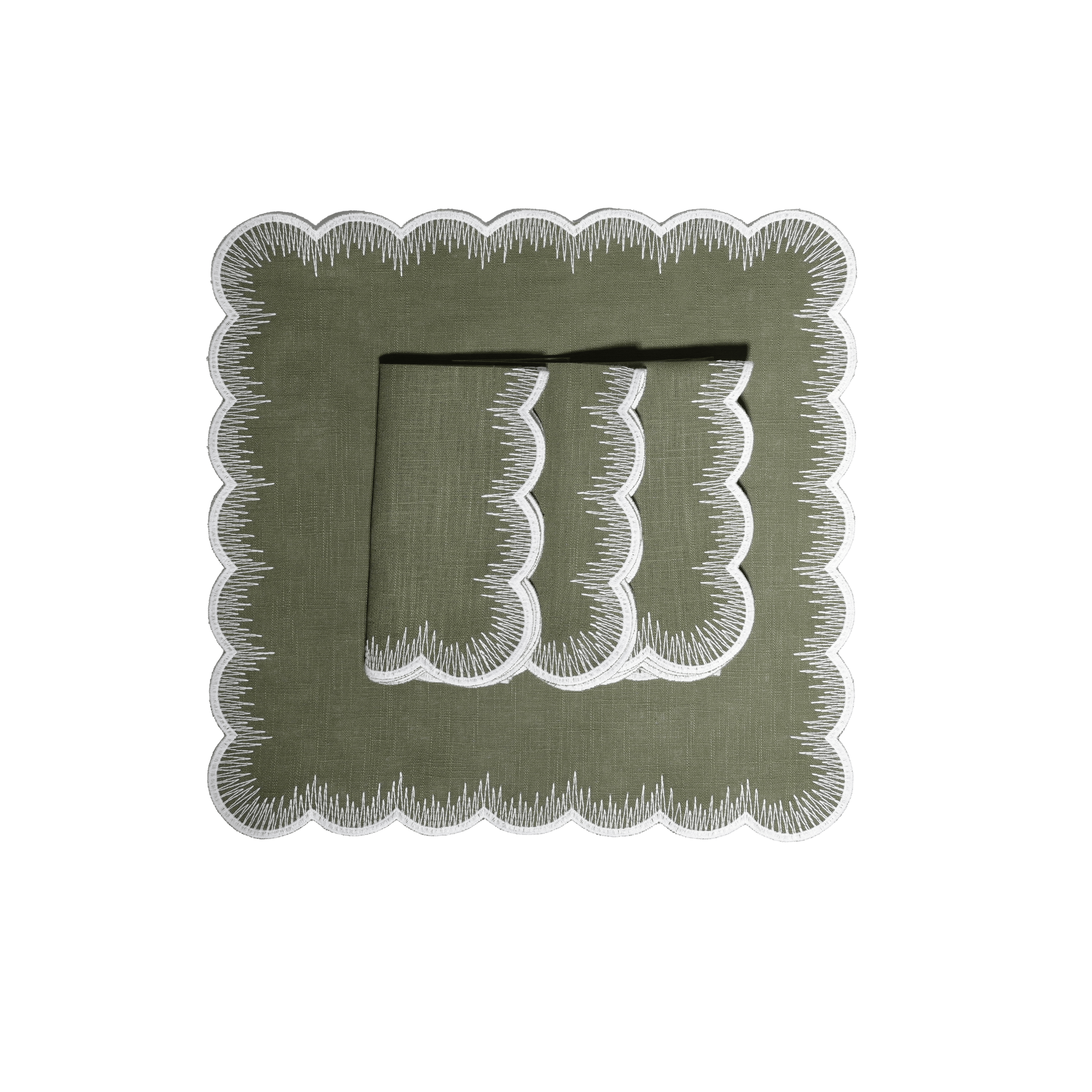 Henriette - Luxury Linens Napkins Flamestitch Army Green with White Napkins (set of 4)