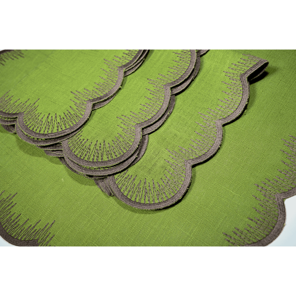 Henriette - Luxury Linens Napkins Flamestitch Moss Green with Brown Napkins (set of 4)