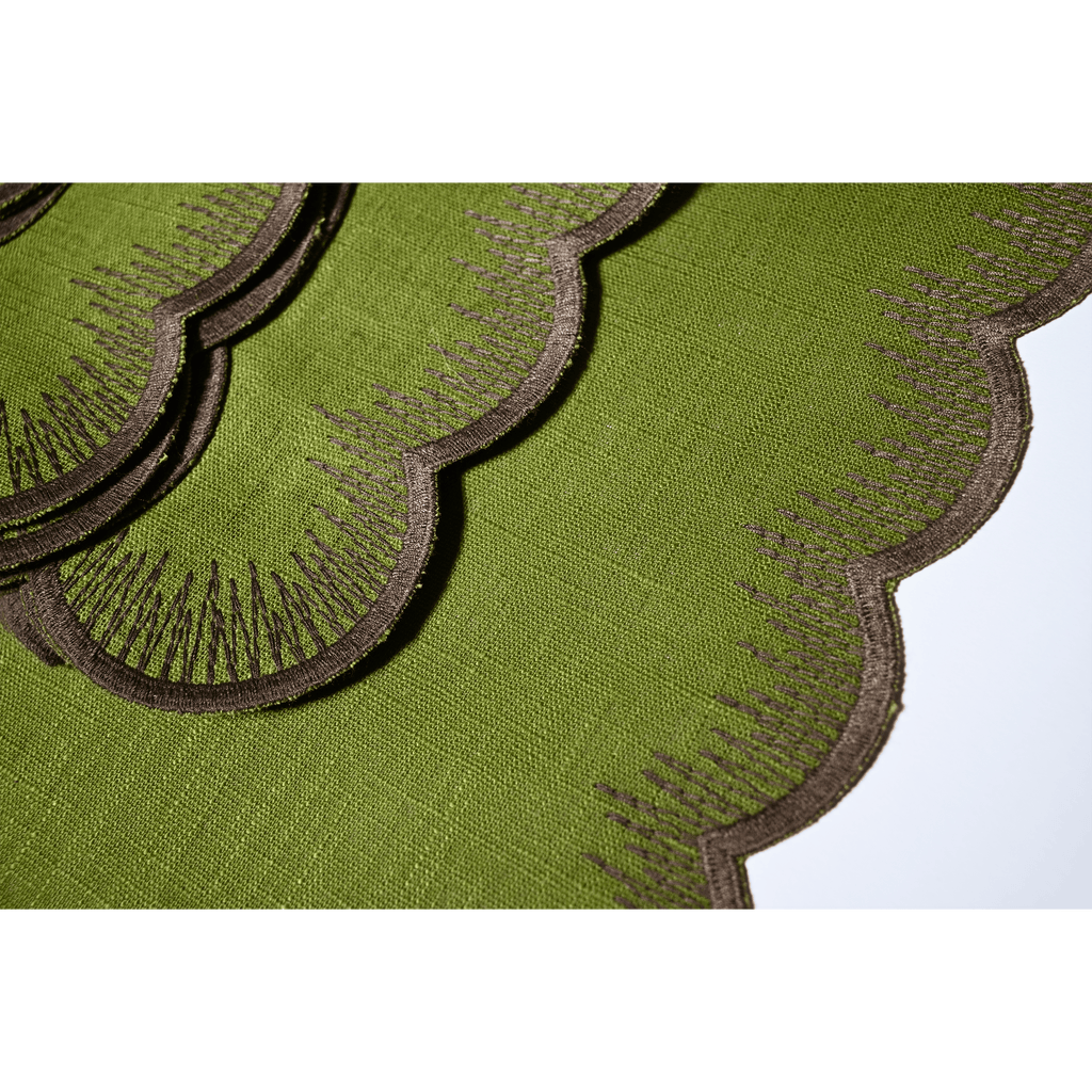 Henriette - Luxury Linens Napkins Flamestitch Moss Green with Brown Napkins (set of 4)