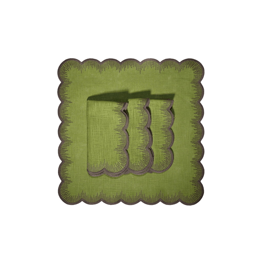 Henriette - Luxury Linens Napkins Flamestitch Moss Green with Brown Napkins (set of 4)