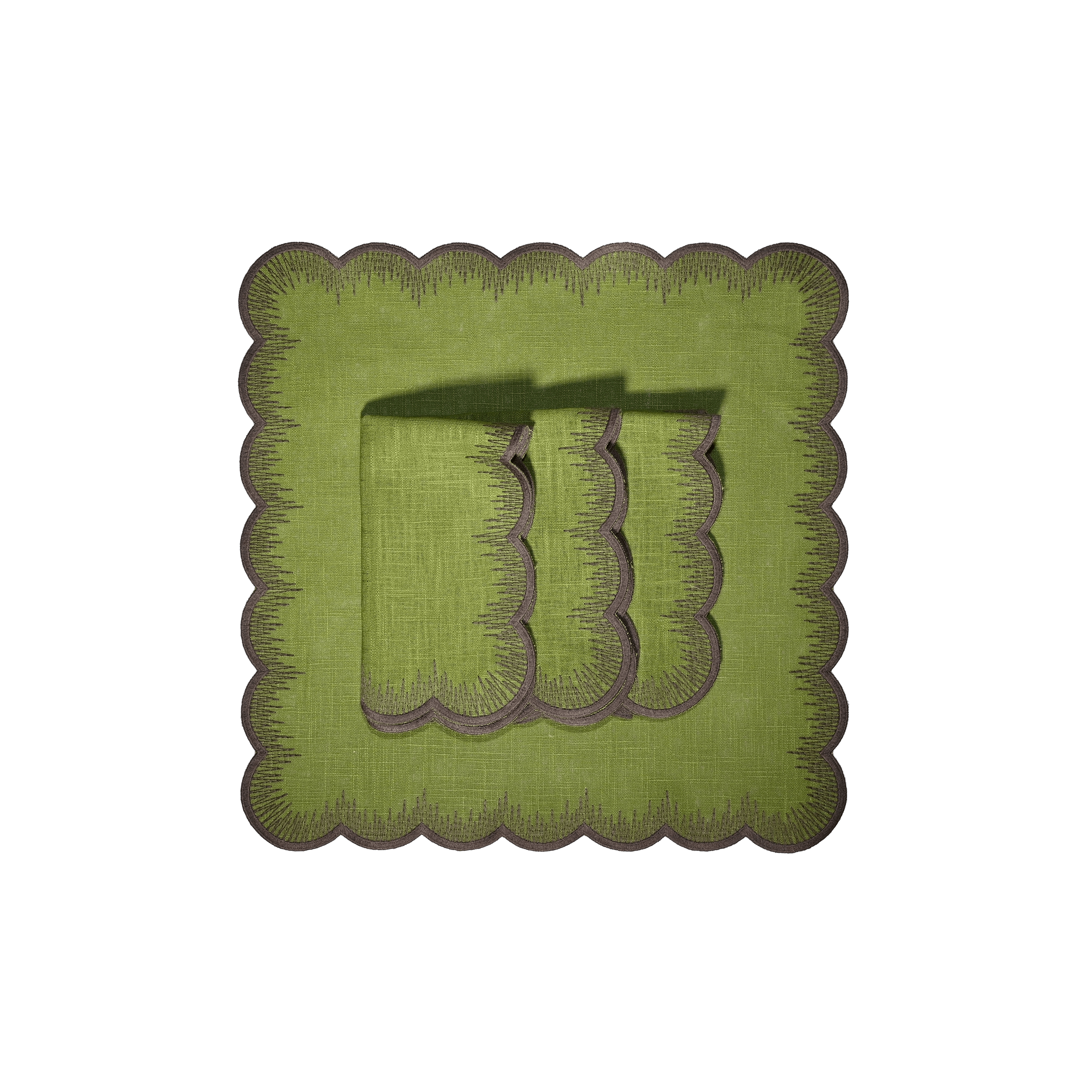 Henriette - Luxury Linens Napkins Flamestitch Moss Green with Brown Napkins (set of 4)