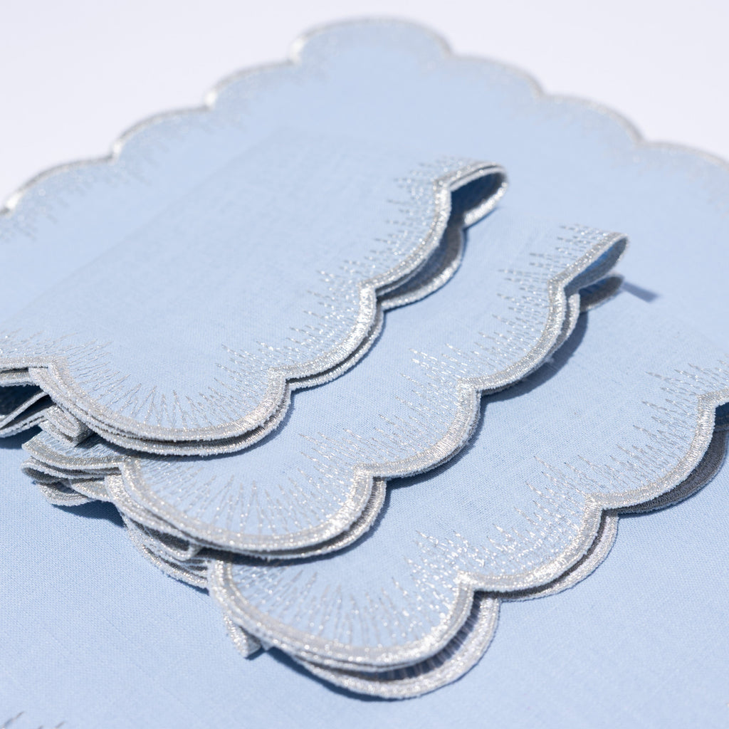 Henriette - Luxury Linens Napkins Flamestitch Pale Blue with Silver Metallic Napkins (set of 4)