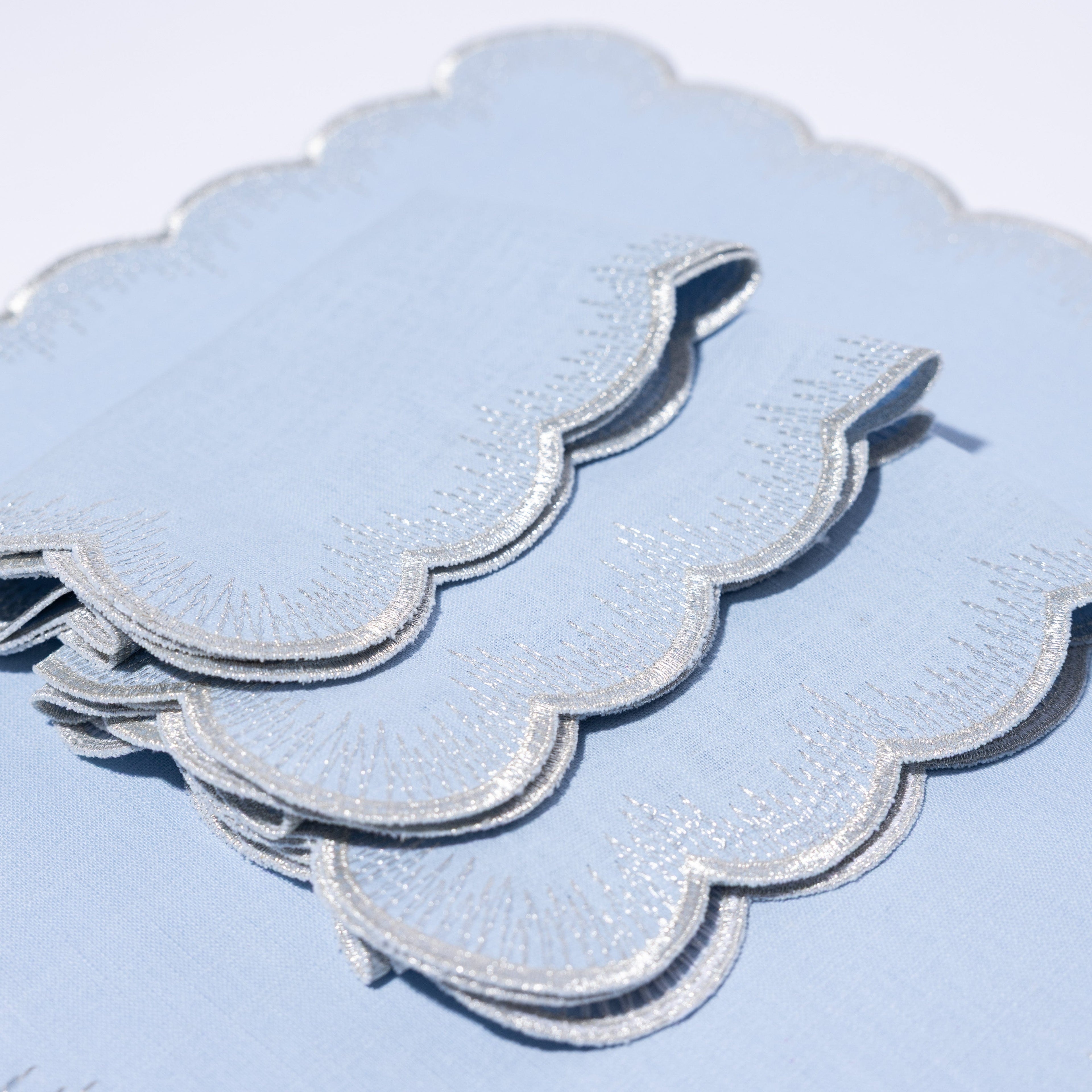 Henriette - Luxury Linens Napkins Flamestitch Pale Blue with Silver Metallic Napkins (set of 4)