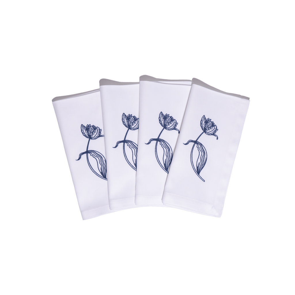 Henriette - Luxury Linens Napkins Tulip White with Navy Blue Napkins (set of 4)