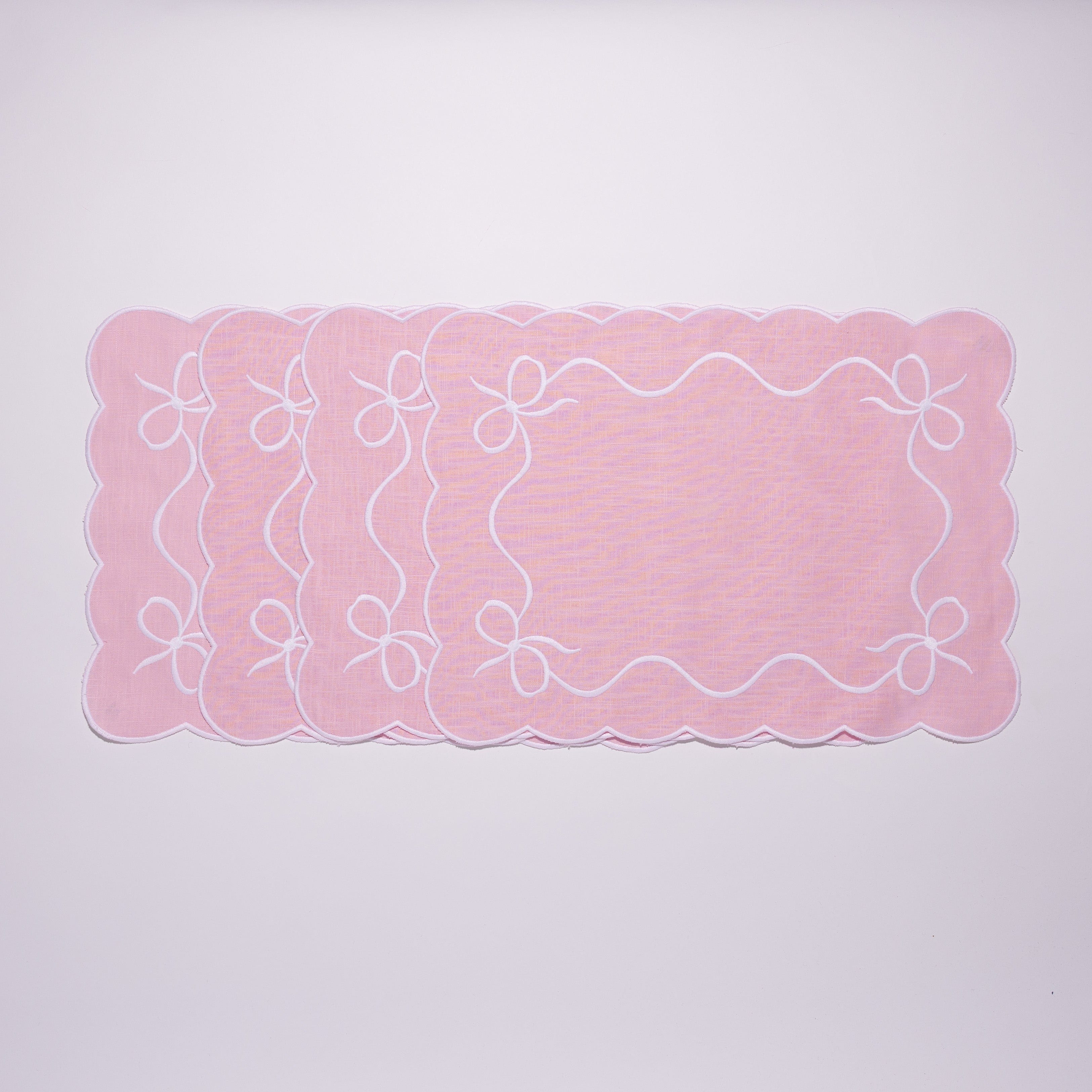 Henriette - Luxury Linens Placemats Bow Classic Placemat Baby Pink White (set of 4)