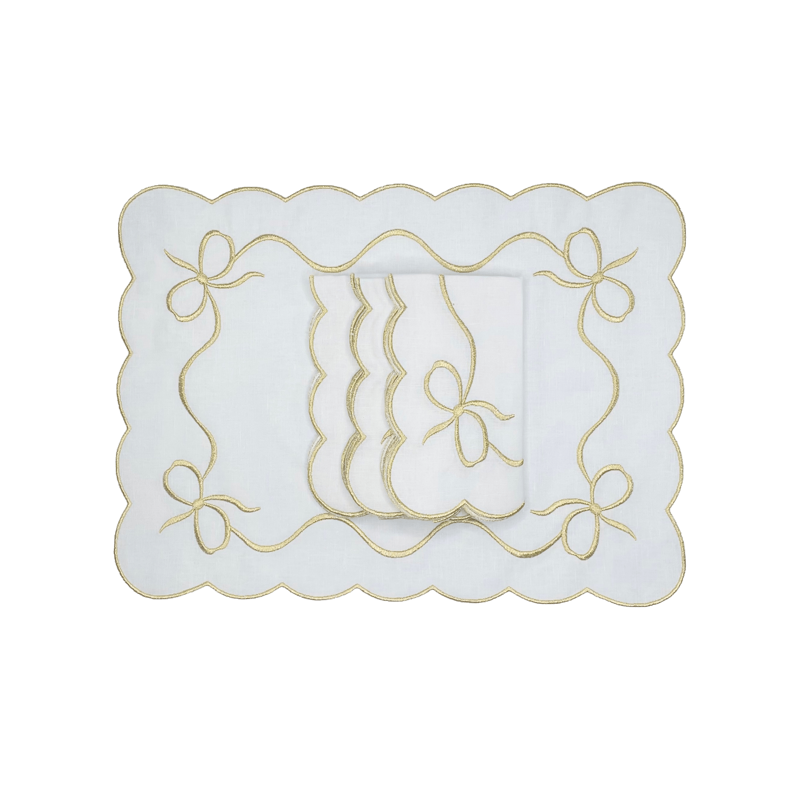 Henriette - Luxury Linens Placemats Bow Classic White with Metallic Gold Placemats (set of 4)