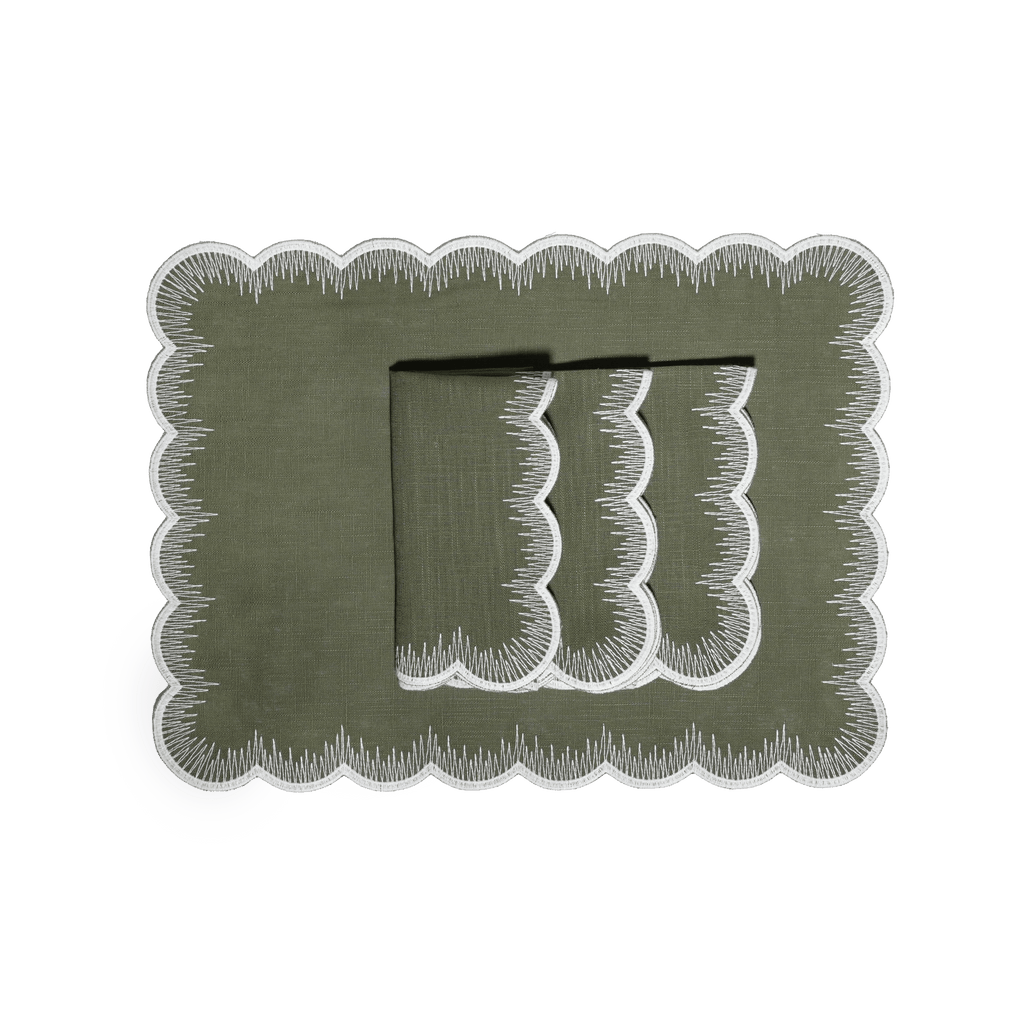 Henriette - Luxury Linens Placemats Flamestitch Army Green with White Placemats (set of 4)