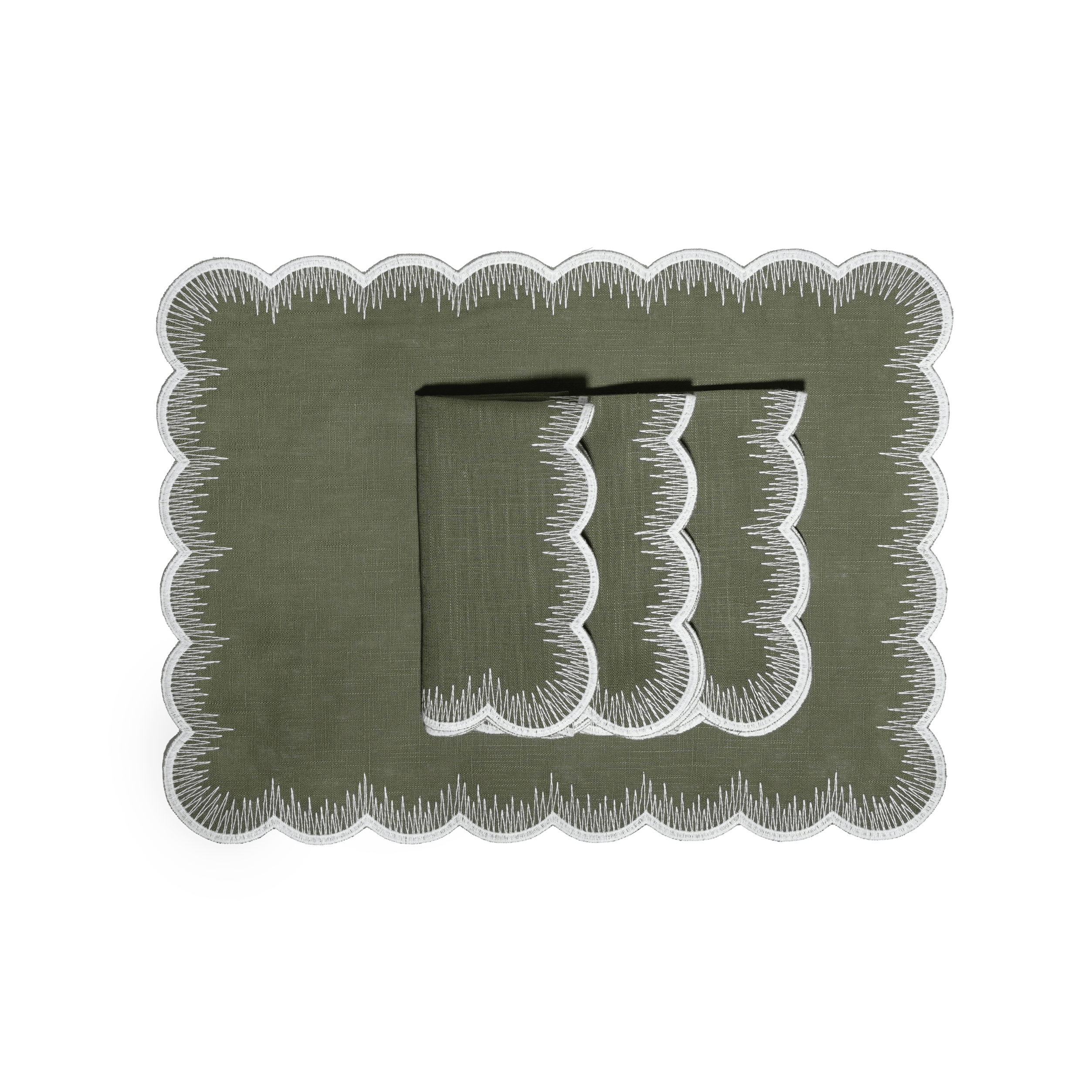 Henriette - Luxury Linens Placemats Flamestitch Army Green with White Placemats (set of 4)