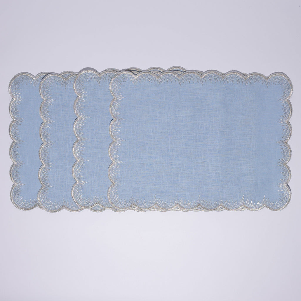 Henriette - Luxury Linens Placemats Flamestitch Pale Blue with Silver Metallic Placemats (set of 4)