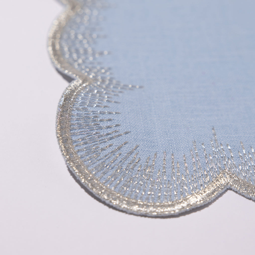 Henriette - Luxury Linens Placemats Flamestitch Pale Blue with Silver Metallic Placemats (set of 4)