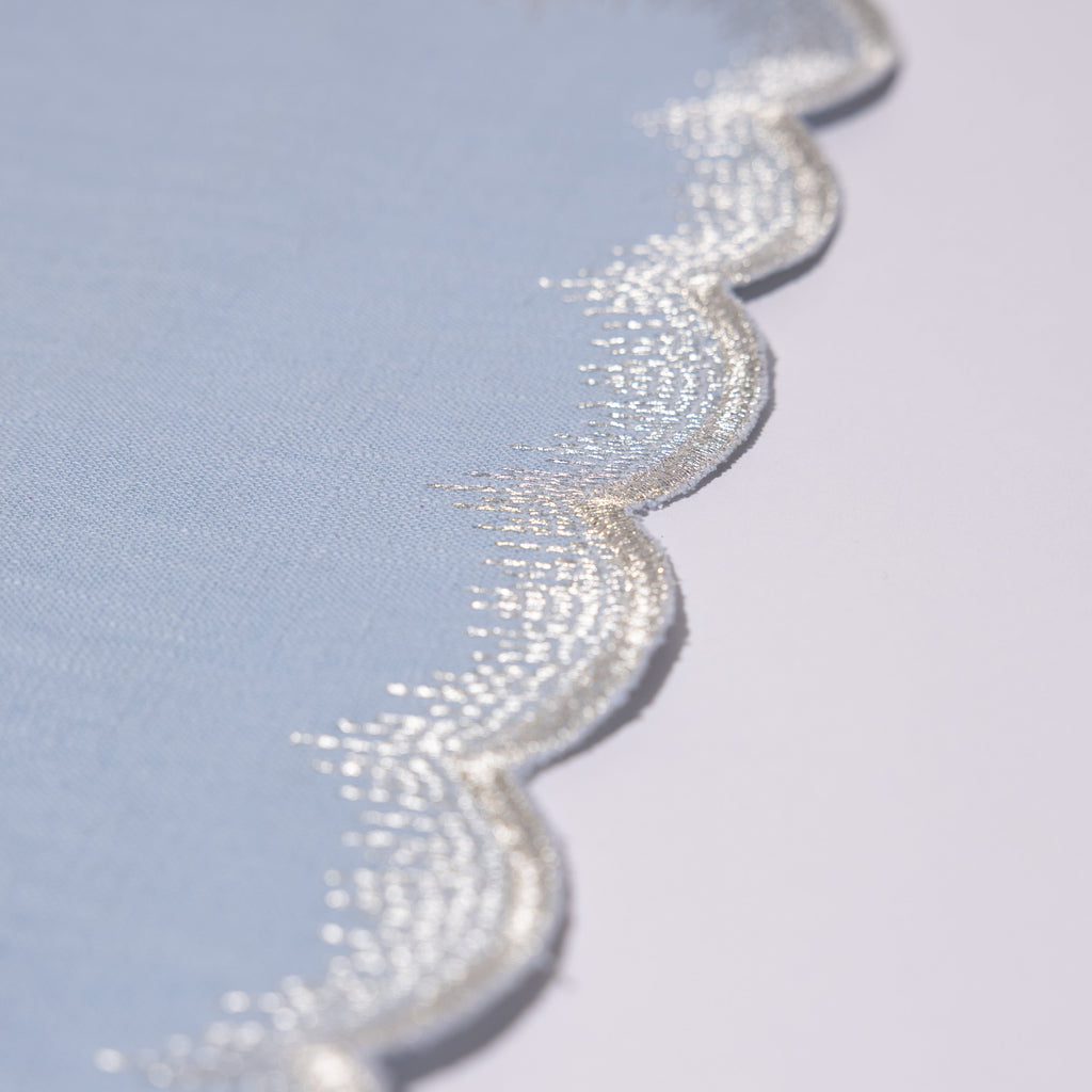 Henriette - Luxury Linens Placemats Flamestitch Pale Blue with Silver Metallic Placemats (set of 4)