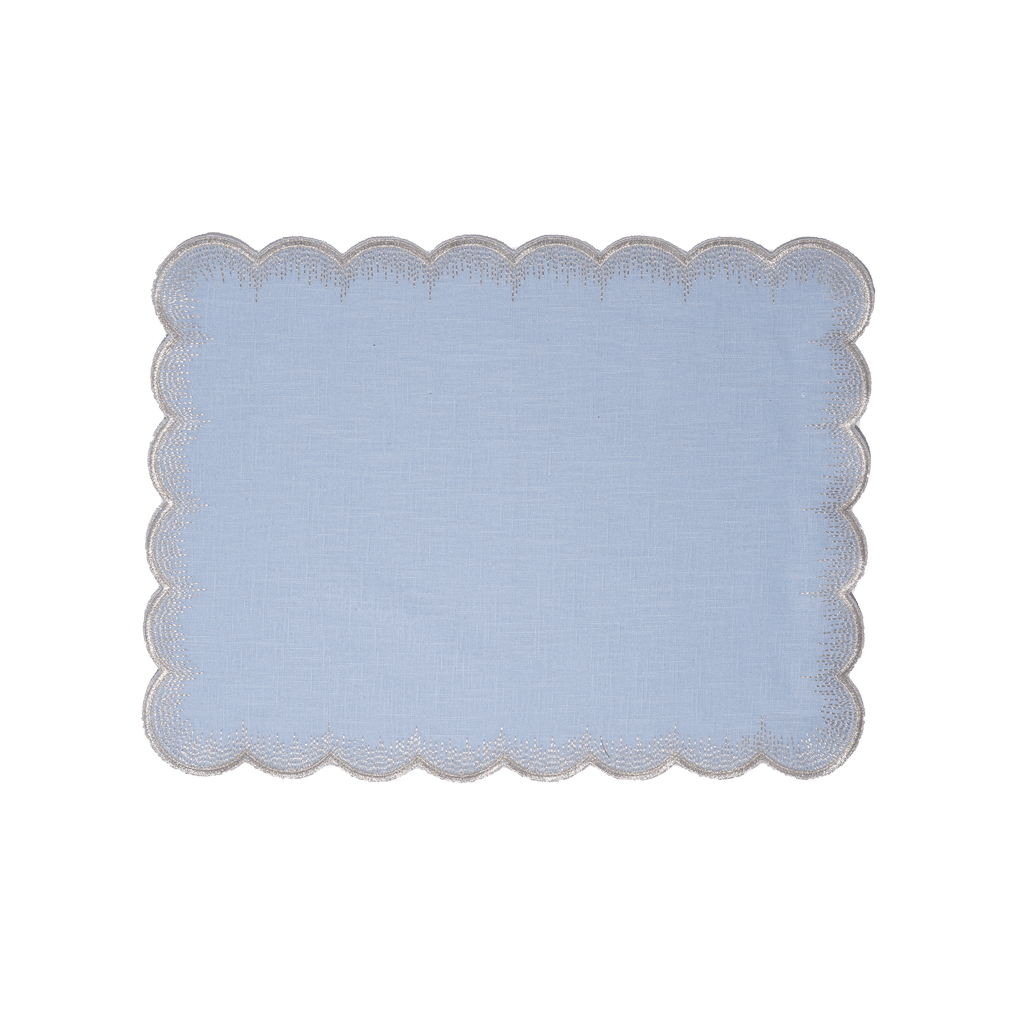 Henriette - Luxury Linens Placemats Flamestitch Pale Blue with Silver Metallic Placemats (set of 4)