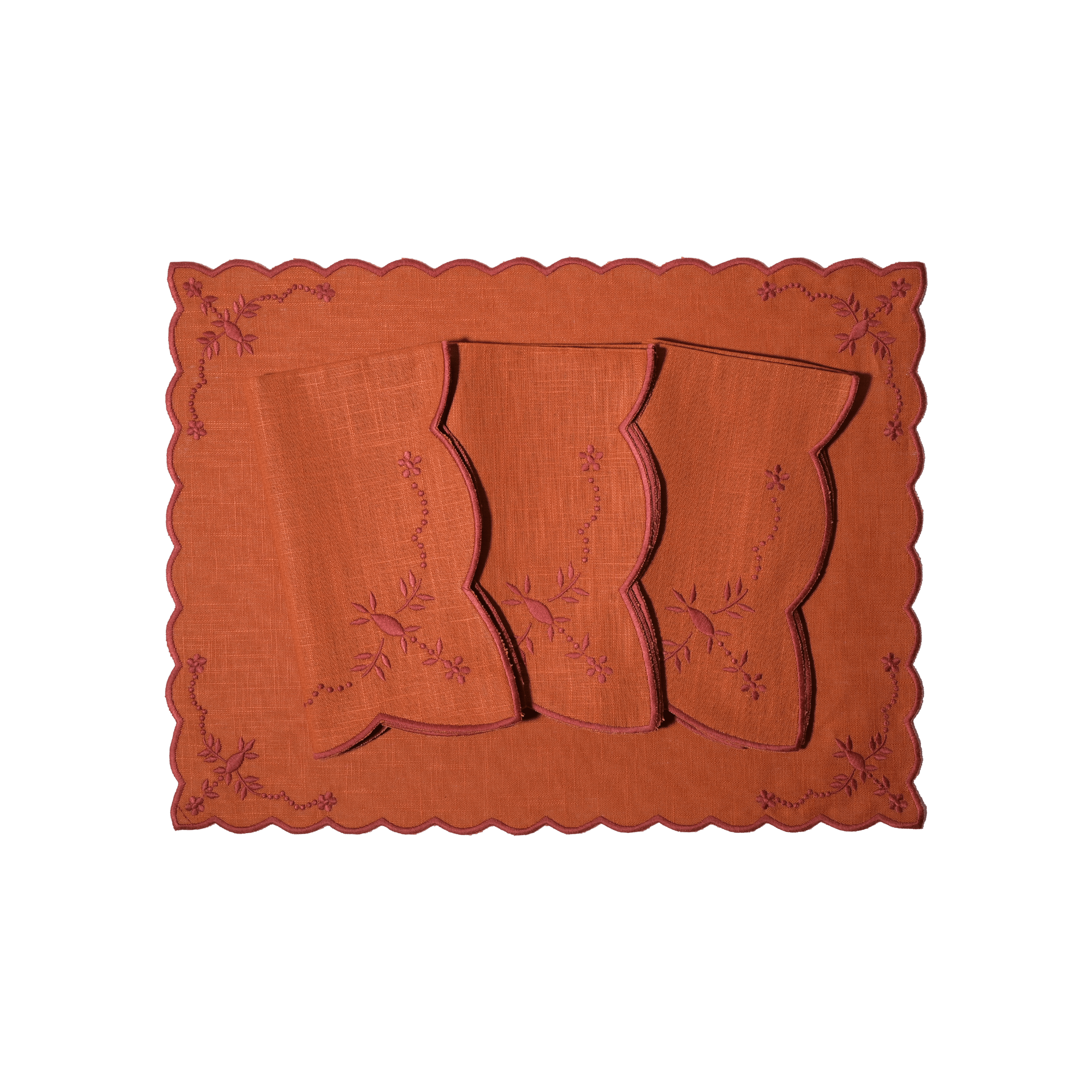 Henriette - Luxury Linens Placemats Floral Orange with Rusty Placemats (set of 4)