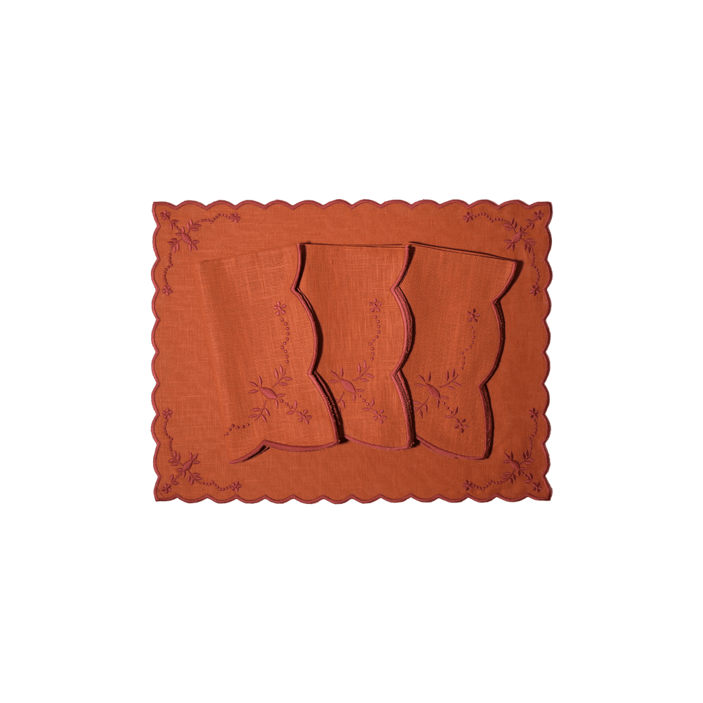 Henriette - Luxury Linens Placemats Floral Orange with Rusty Placemats (set of 4)