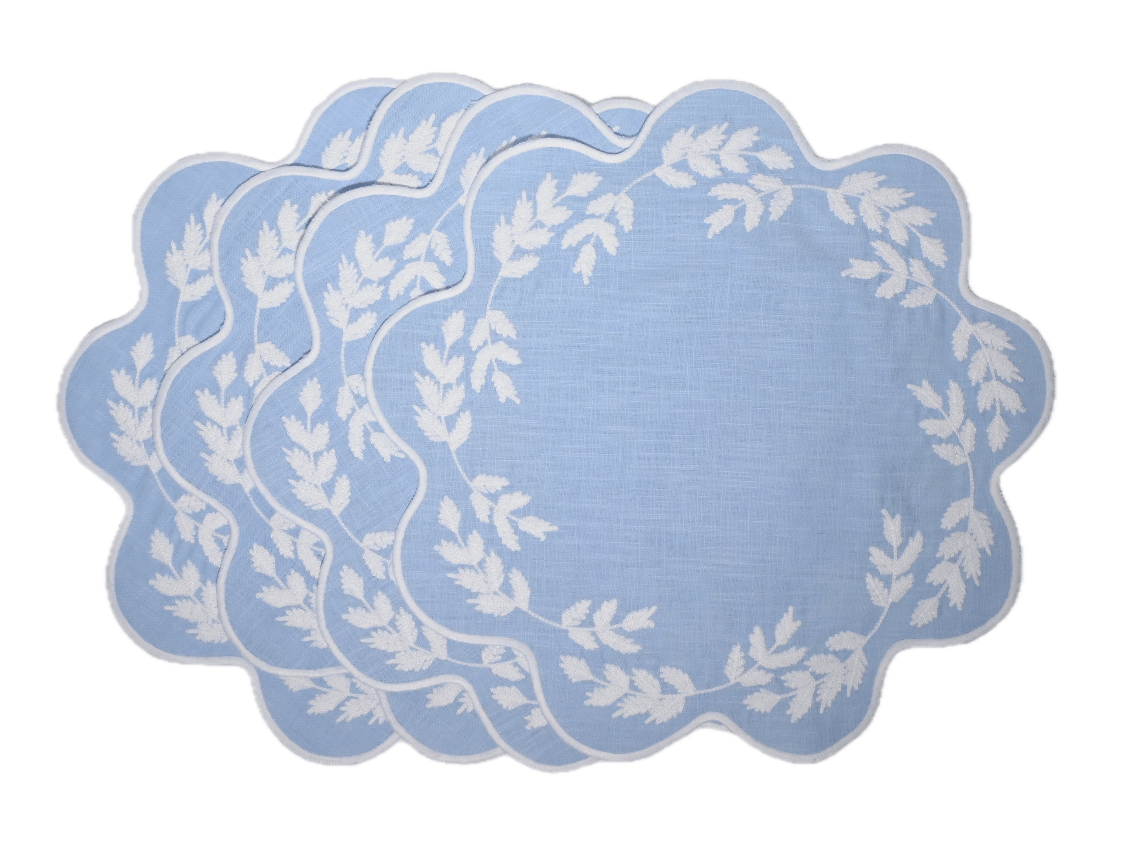 Henriette - Luxury Linens Placemats Floral Round Blue with White Placemats (set of 4)