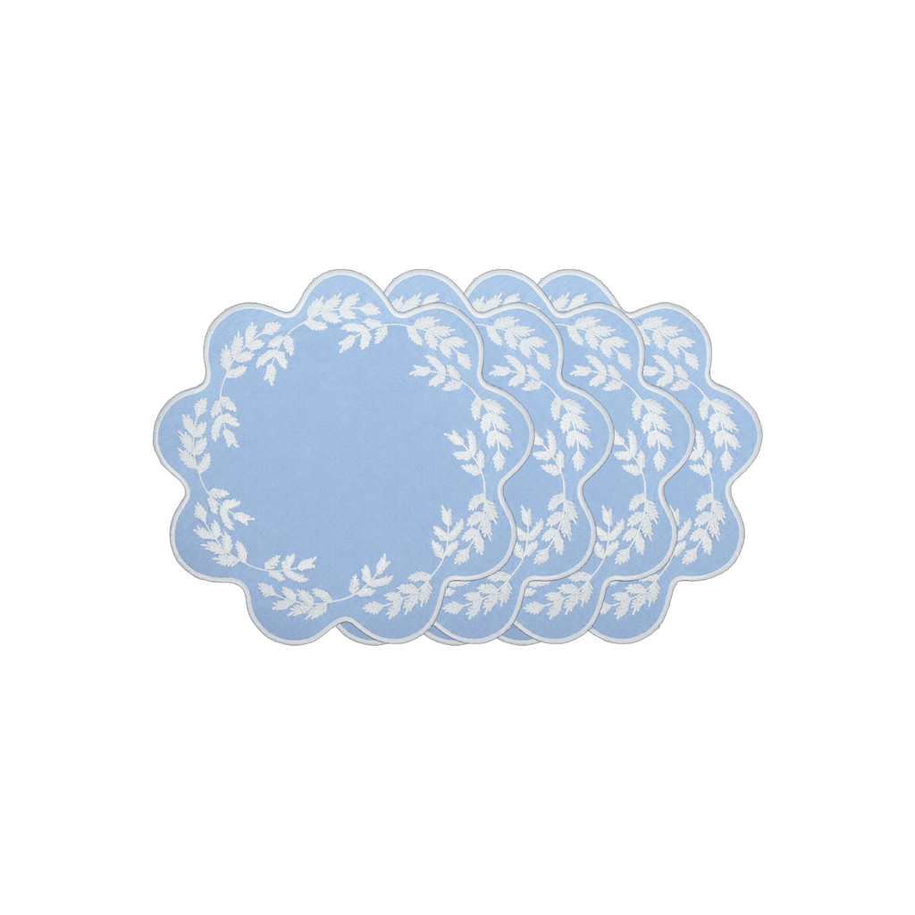 Henriette - Luxury Linens Placemats Floral Round Blue with White Placemats (set of 4)