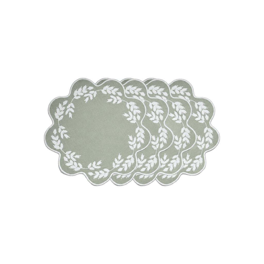 Henriette - Luxury Linens Placemats Floral Round Dusty Green with White Placemats (set of 4)