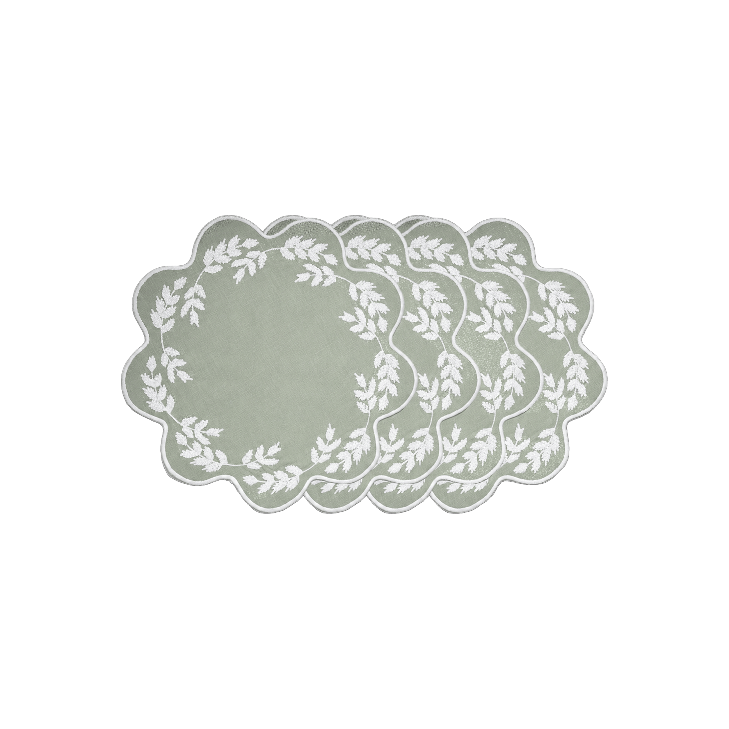 Henriette - Luxury Linens Placemats Floral Round Dusty Green with White Placemats (set of 4)