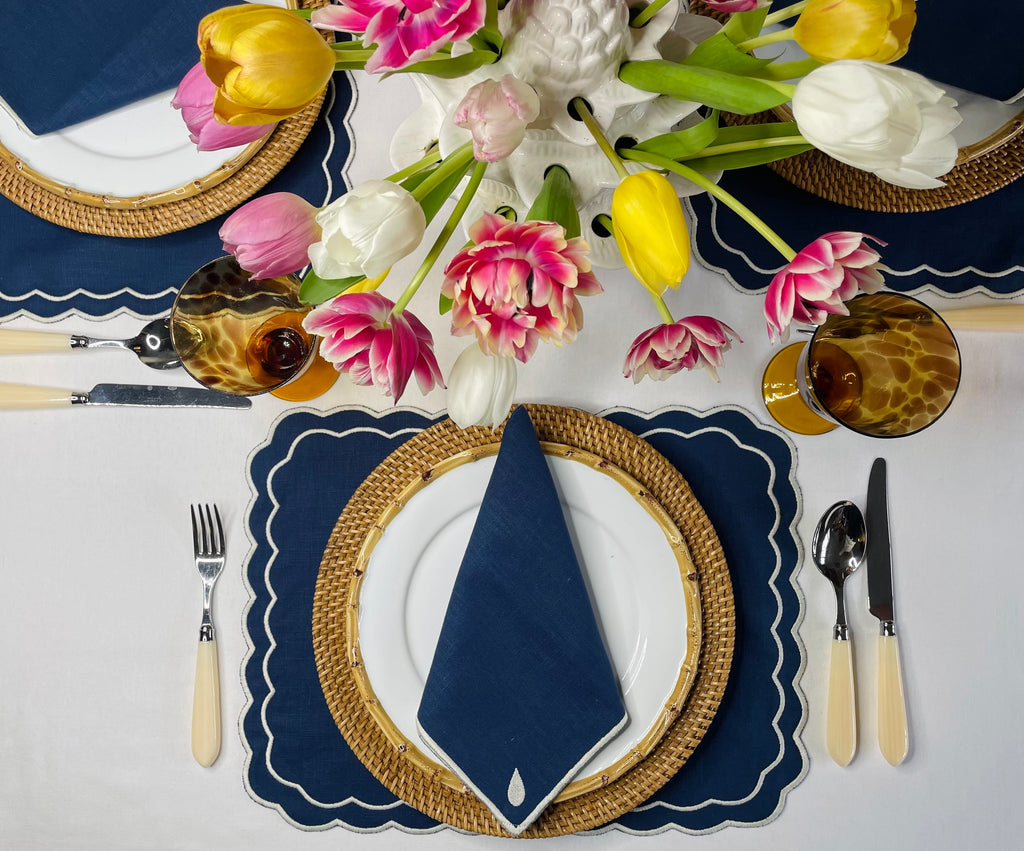 Henriette - Luxury Linens Placemats Marigold Navy with White Placemats (set of 4)