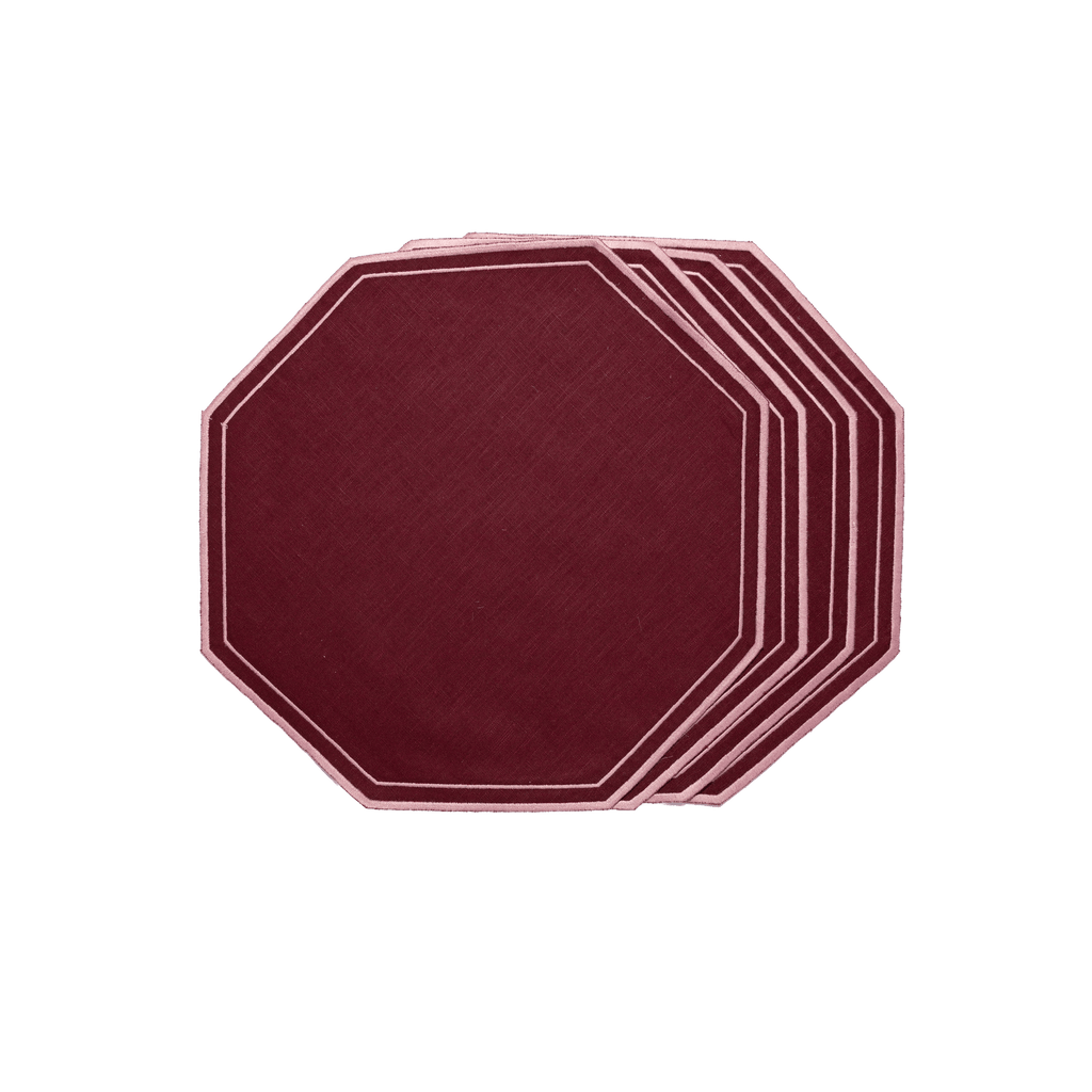 Henriette - Luxury Linens Placemats Octagon Burgundy with Dusty Pink Placemats (set of 4)