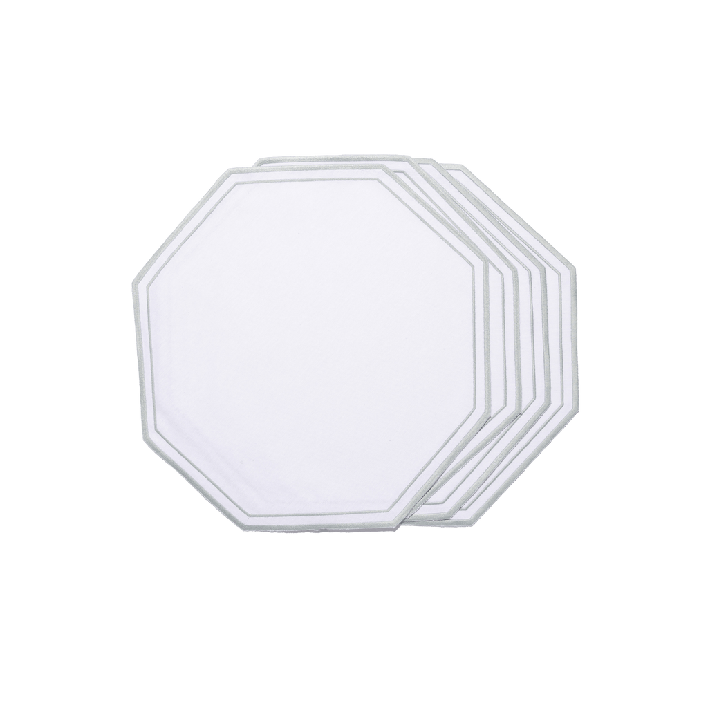 Henriette - Luxury Linens Placemats Octagon White with Green Placemats (set of 4)