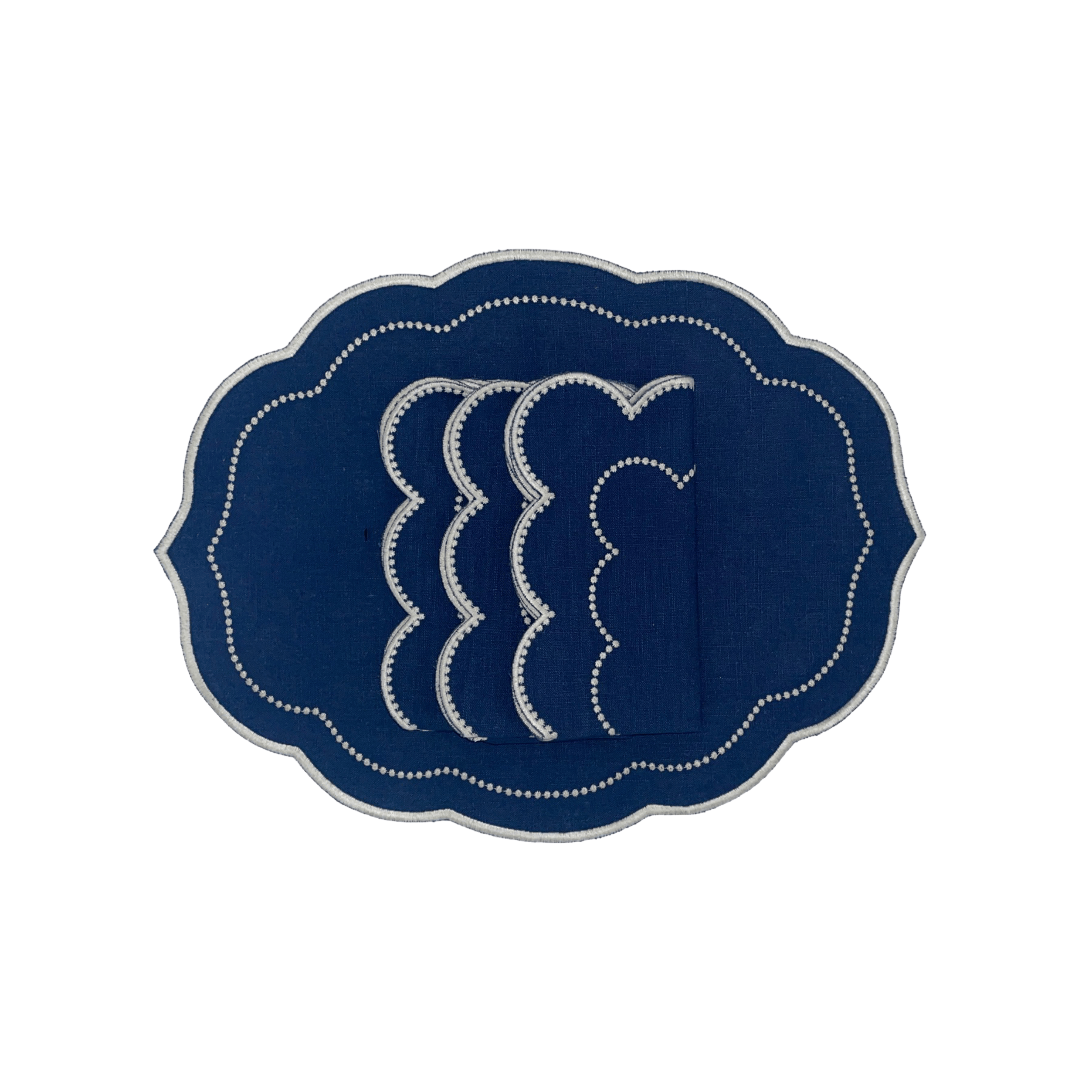 Henriette - Luxury Linens Placemats Pearl Oval Navy Blue with White Placemats (set of 4)