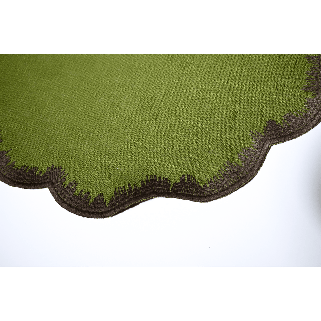 Henriette - Luxury Linens Placemats Round Clover Moss Green with Brown Placemats (set of 4)