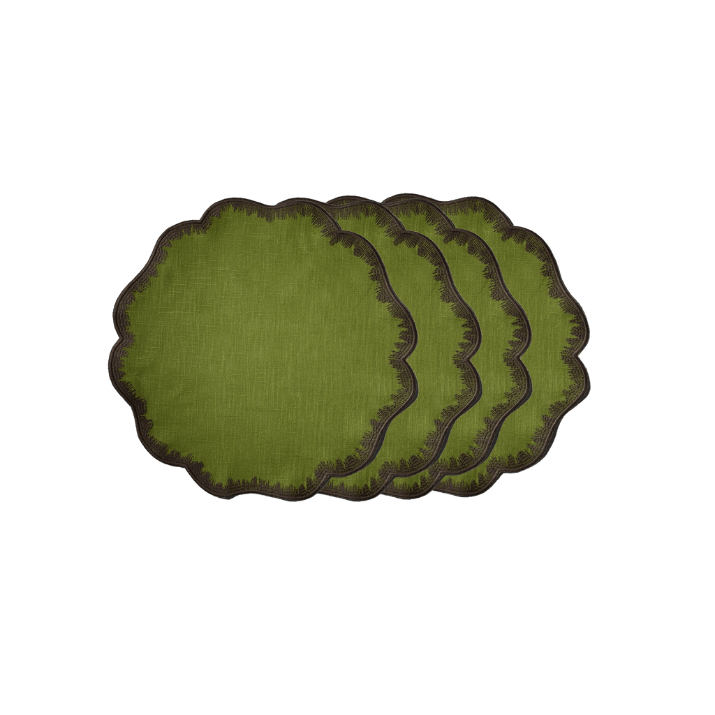 Henriette - Luxury Linens Placemats Round Clover Moss Green with Brown Placemats (set of 4)