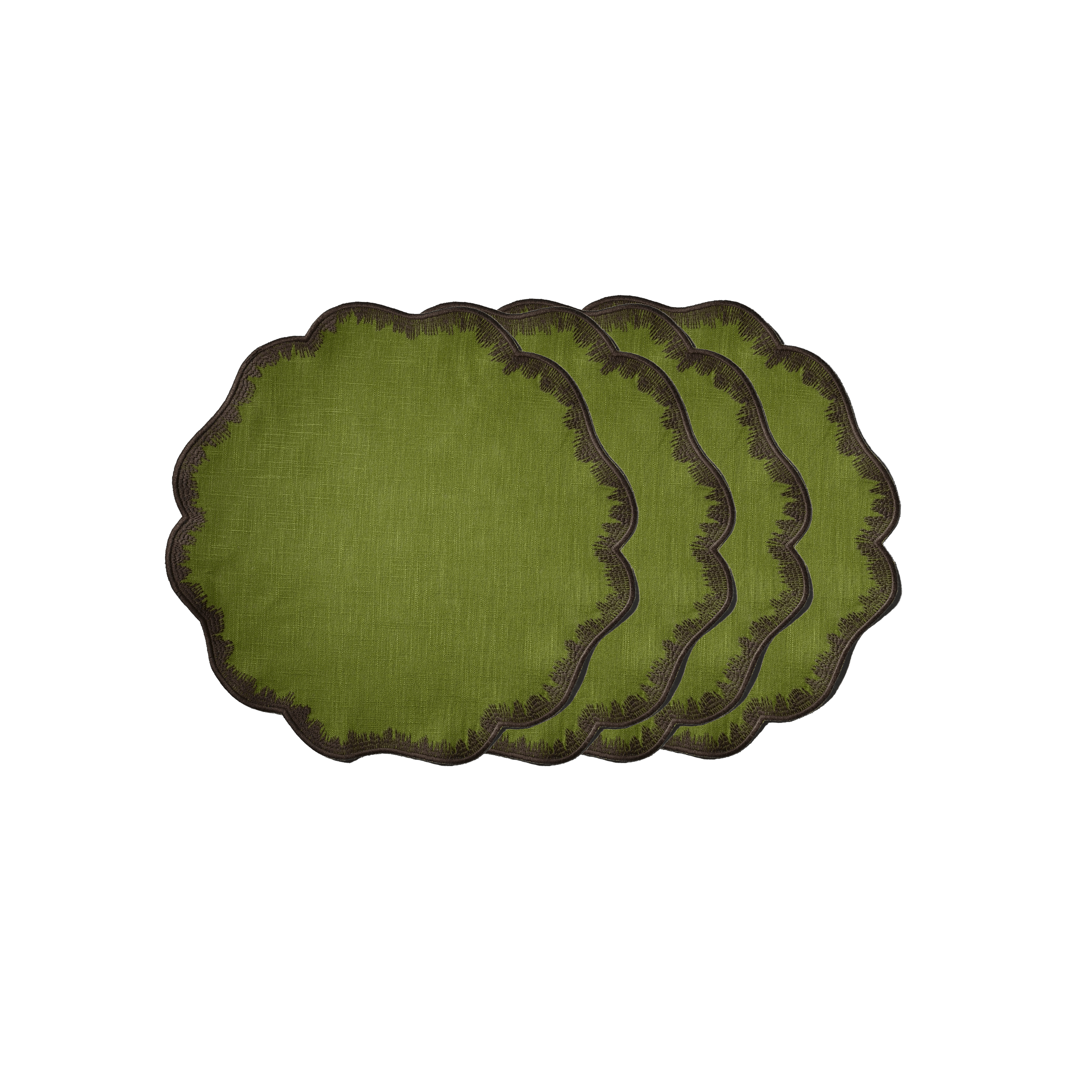 Henriette - Luxury Linens Placemats Round Clover Moss Green with Brown Placemats (set of 4)