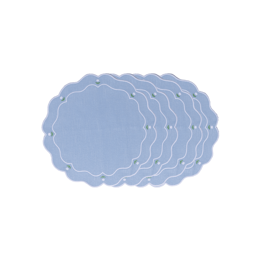 Henriette - Luxury Linens Placemats Tulip Round Pale Blue with White Placemats (set of 4)